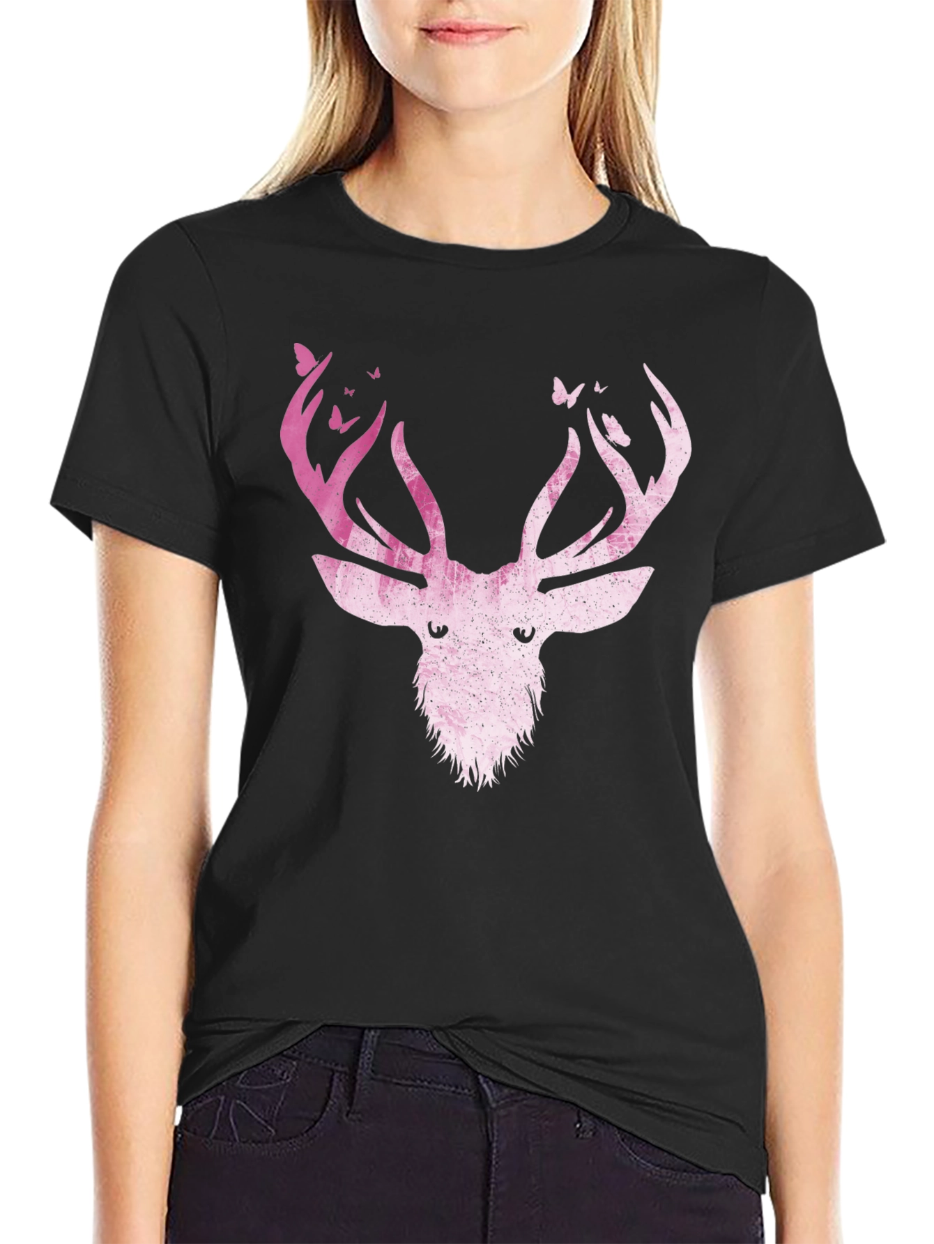 Black Deer Antler Butterfly Graphic T-Shirt view 2