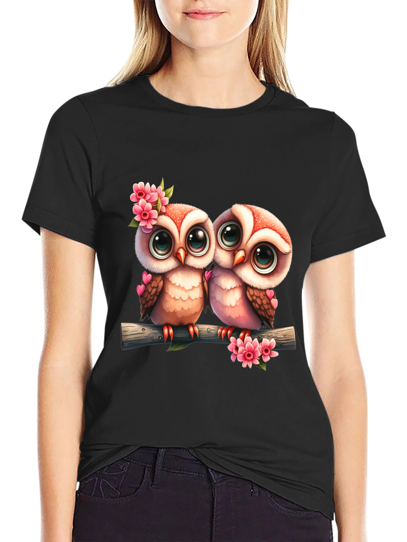Black Owl Love Tee: Cute Cartoon Owls on Branch T-Shirt view 2