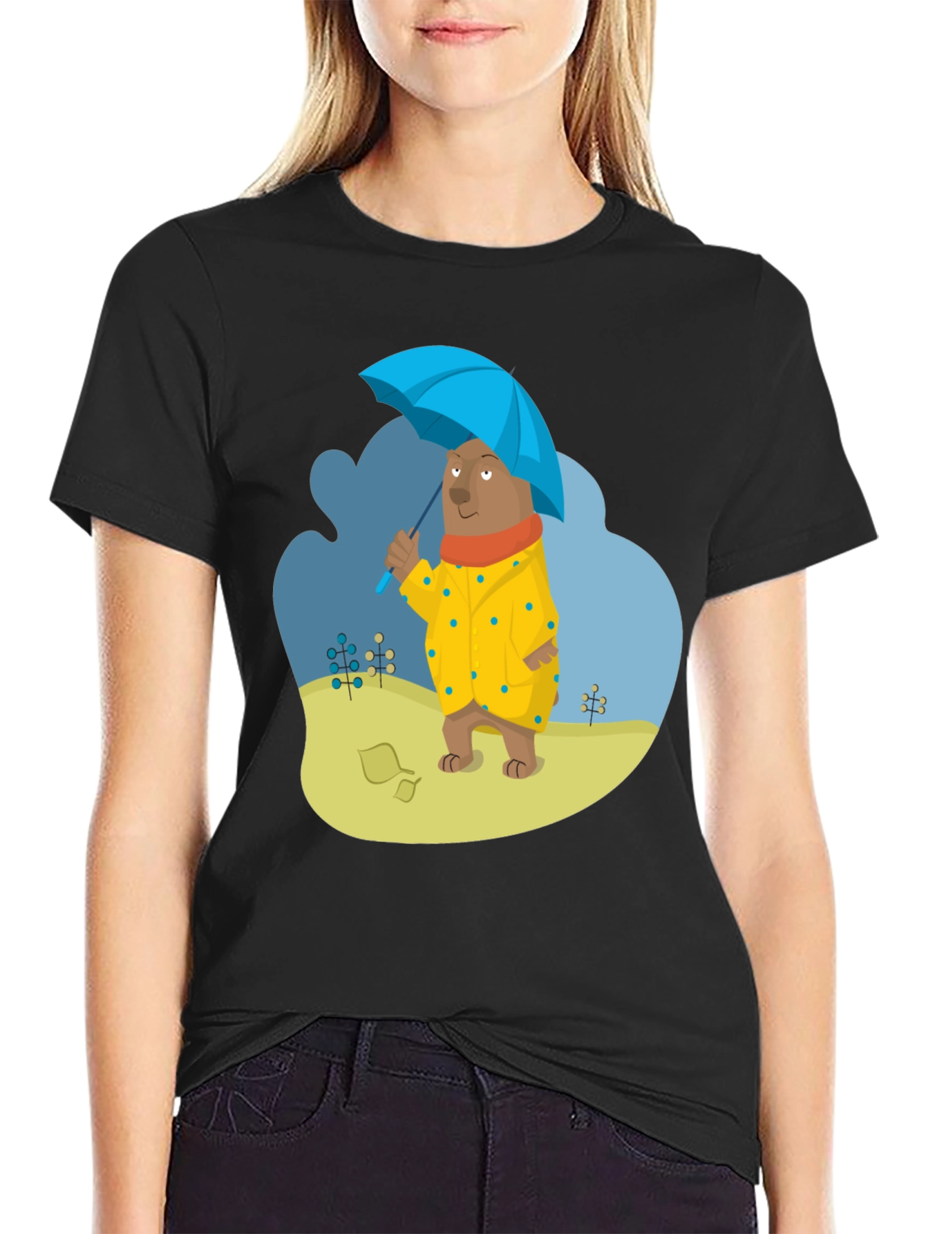 Black Bear in Raincoat Graphic T-Shirt - Unisex Casual Tee view 2