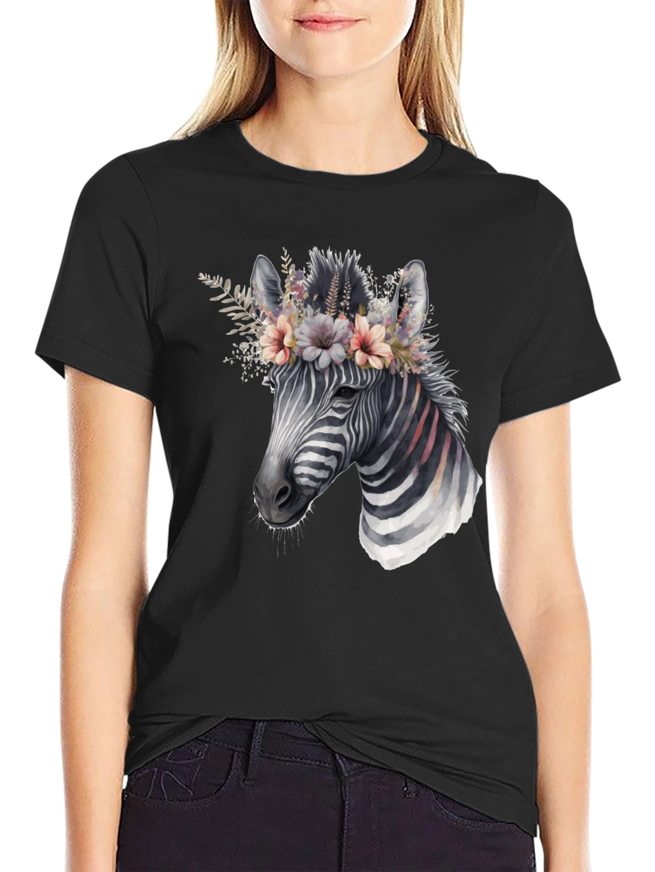 Black Zebra Floral Crown Graphic Tee - Unisex Cotton T-Shirt view 2