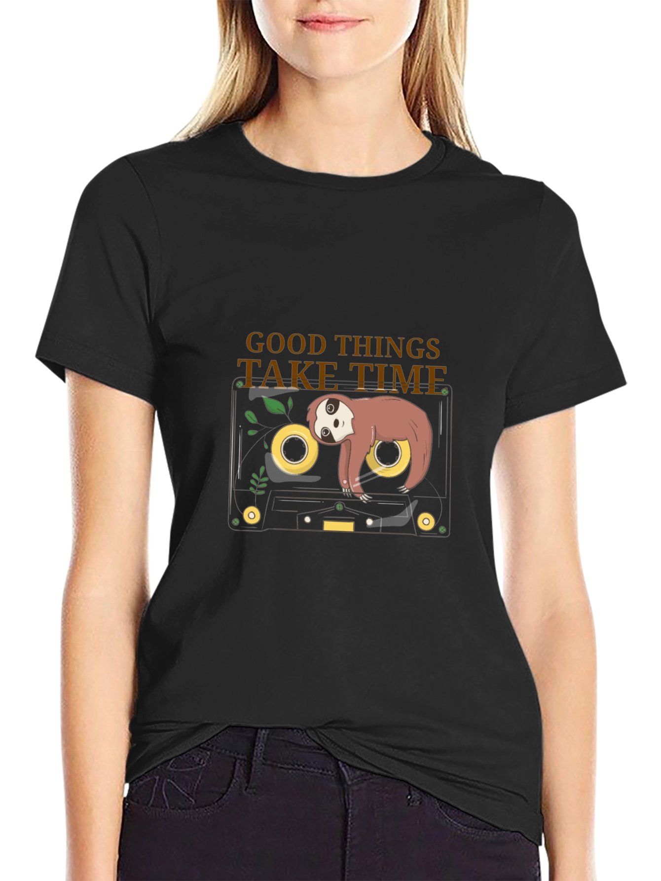 Black Sloth on Cassette Tape T-Shirt - Good Things Take Time view 2