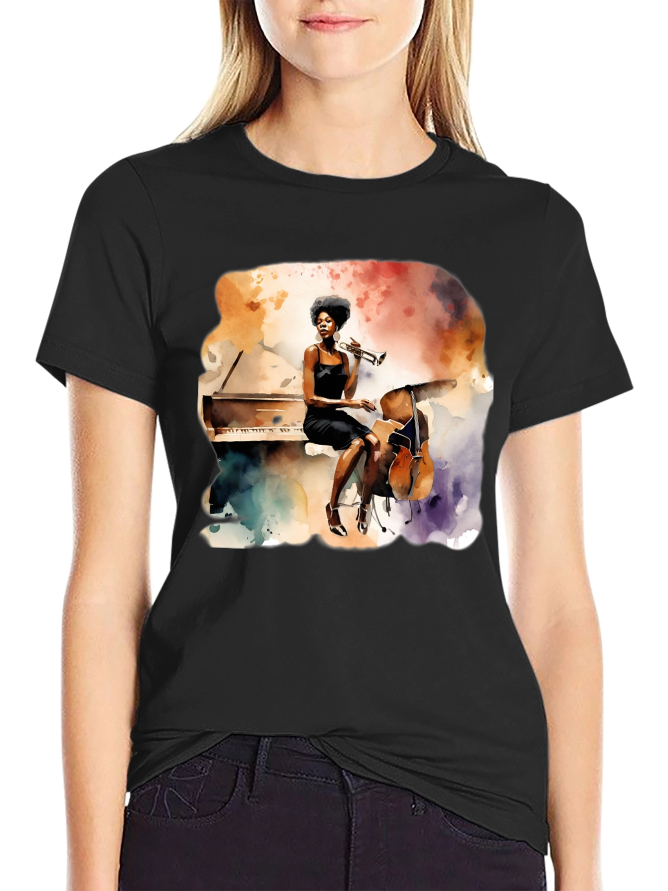 Black Watercolor Jazz Musician Unisex Tee view 2