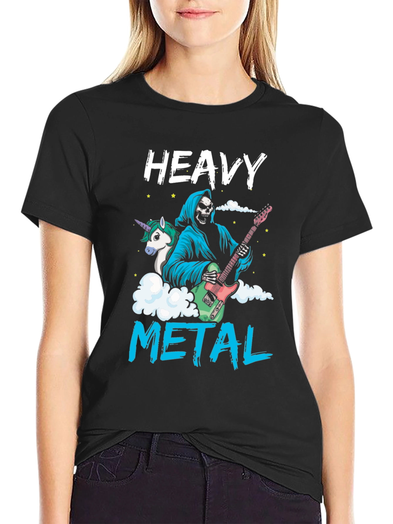 Black Heavy Metal Graphic Tee - Grim Reaper Unicorn Guitarist view 2