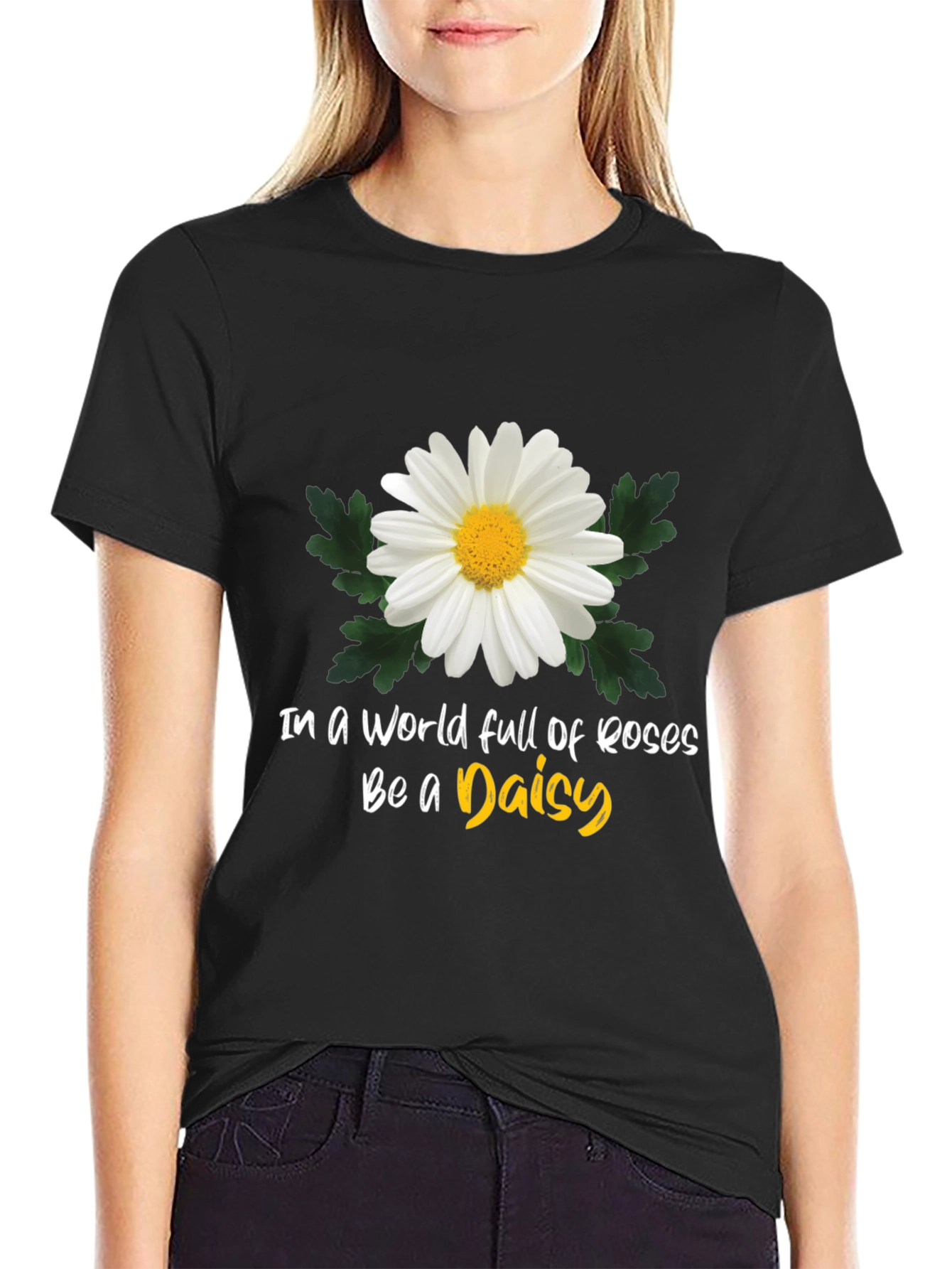 Black Be a Daisy T-Shirt: Unique Floral Graphic Tee view 2