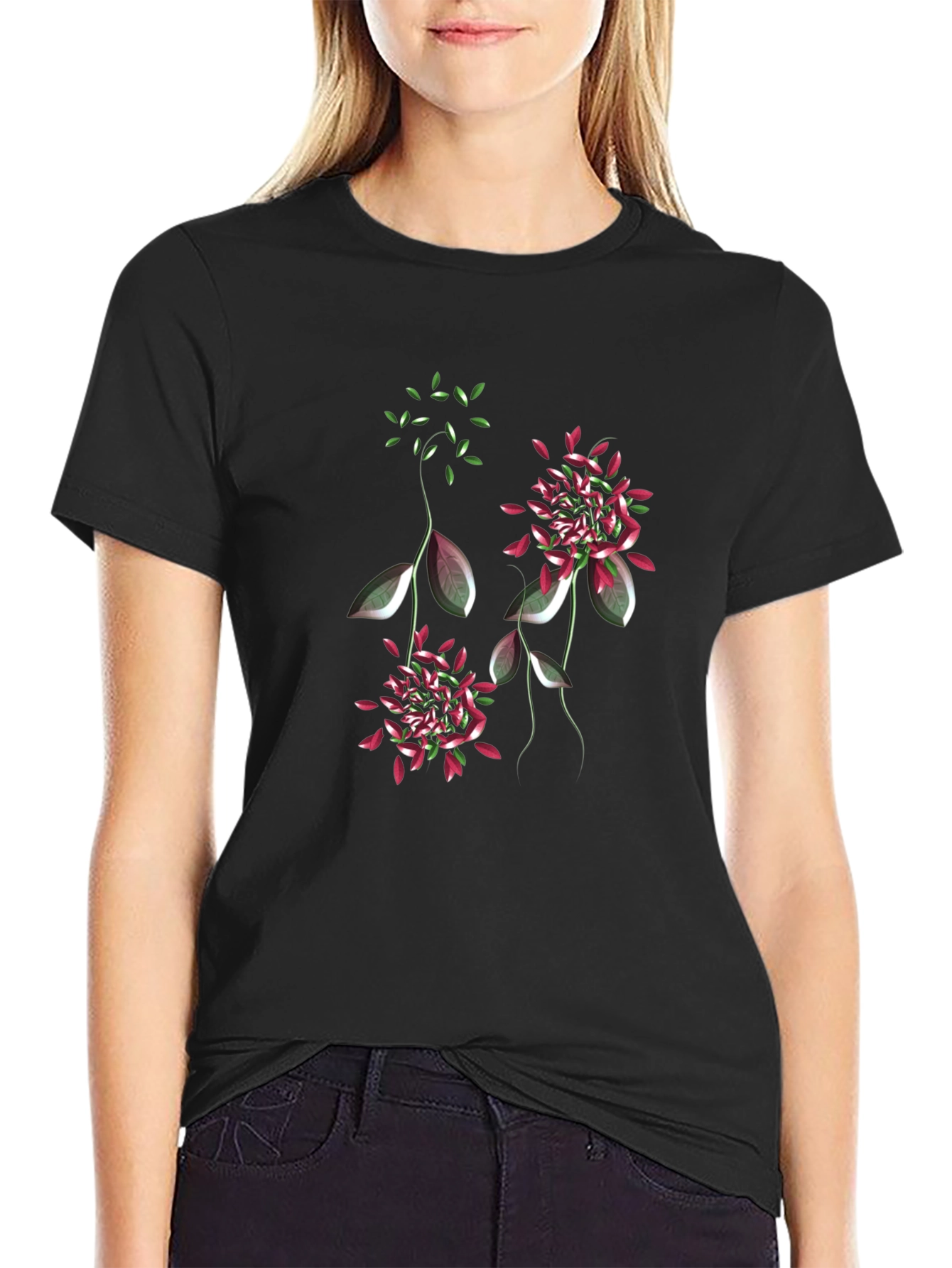 Black Floral Print T-Shirt - Black Cotton Blend view 2