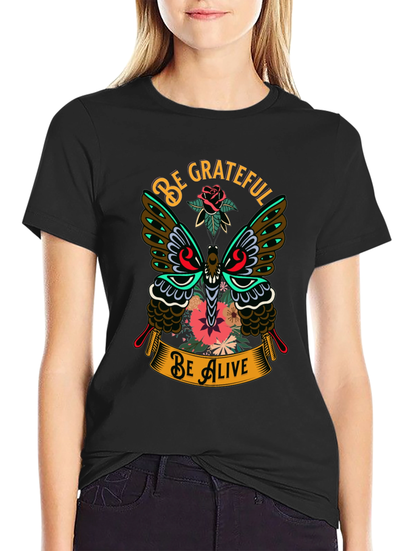 Black Be Grateful Be Alive Butterfly Graphic T-Shirt view 2