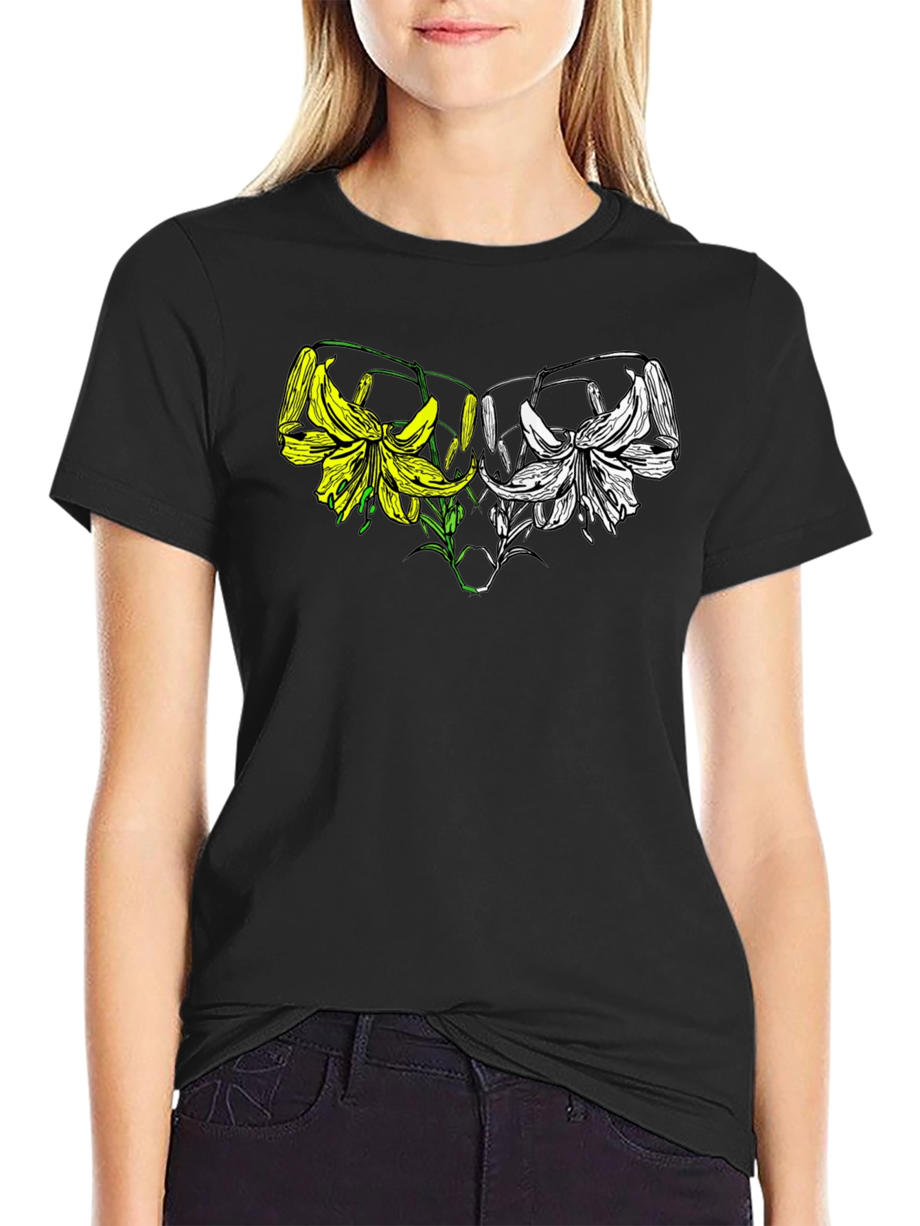 Black Floral Graphic Tee - Black Cotton Blend view 2