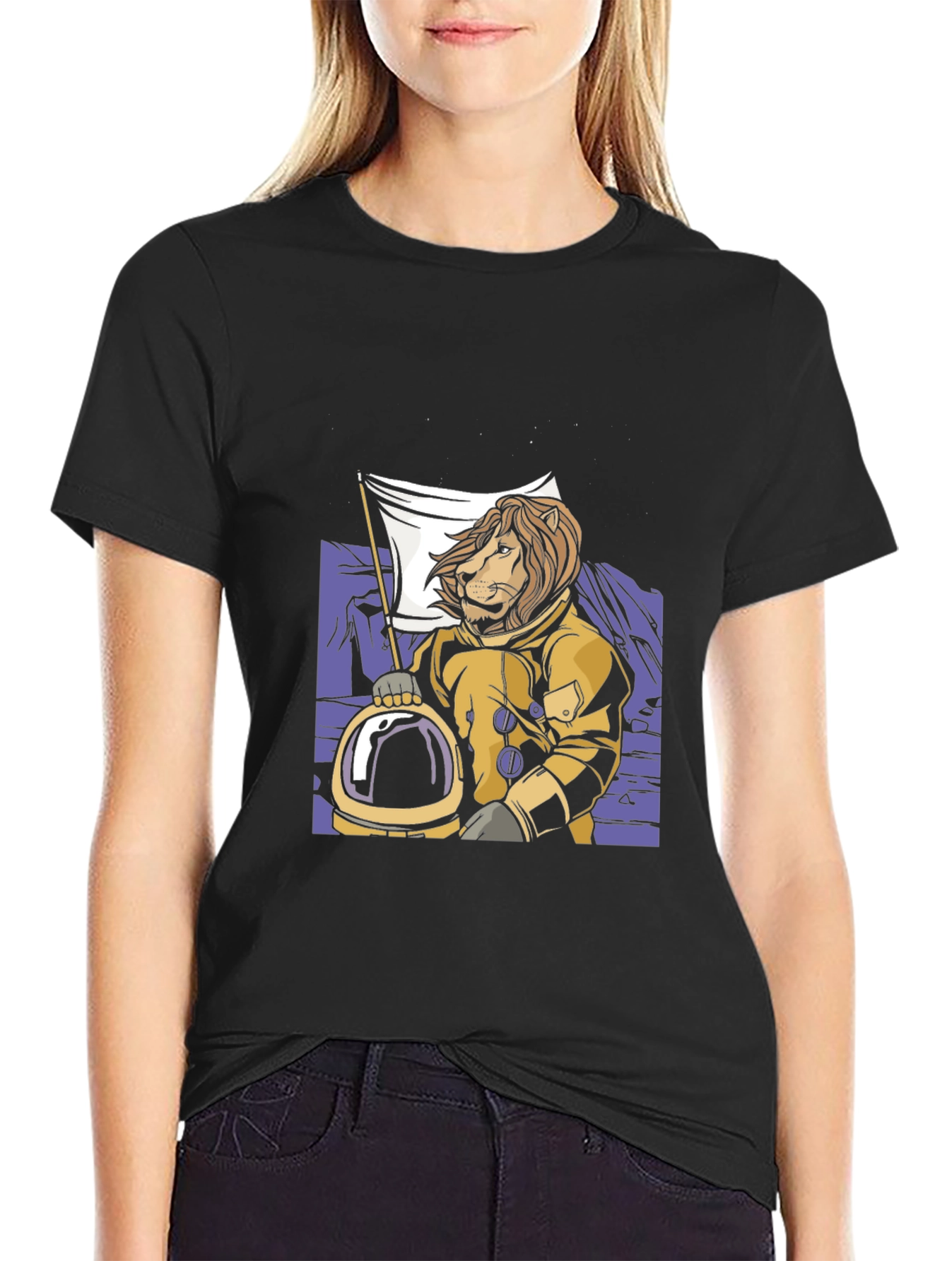 Black Lion Astronaut Graphic Tee - Black Crew Neck T-Shirt view 2