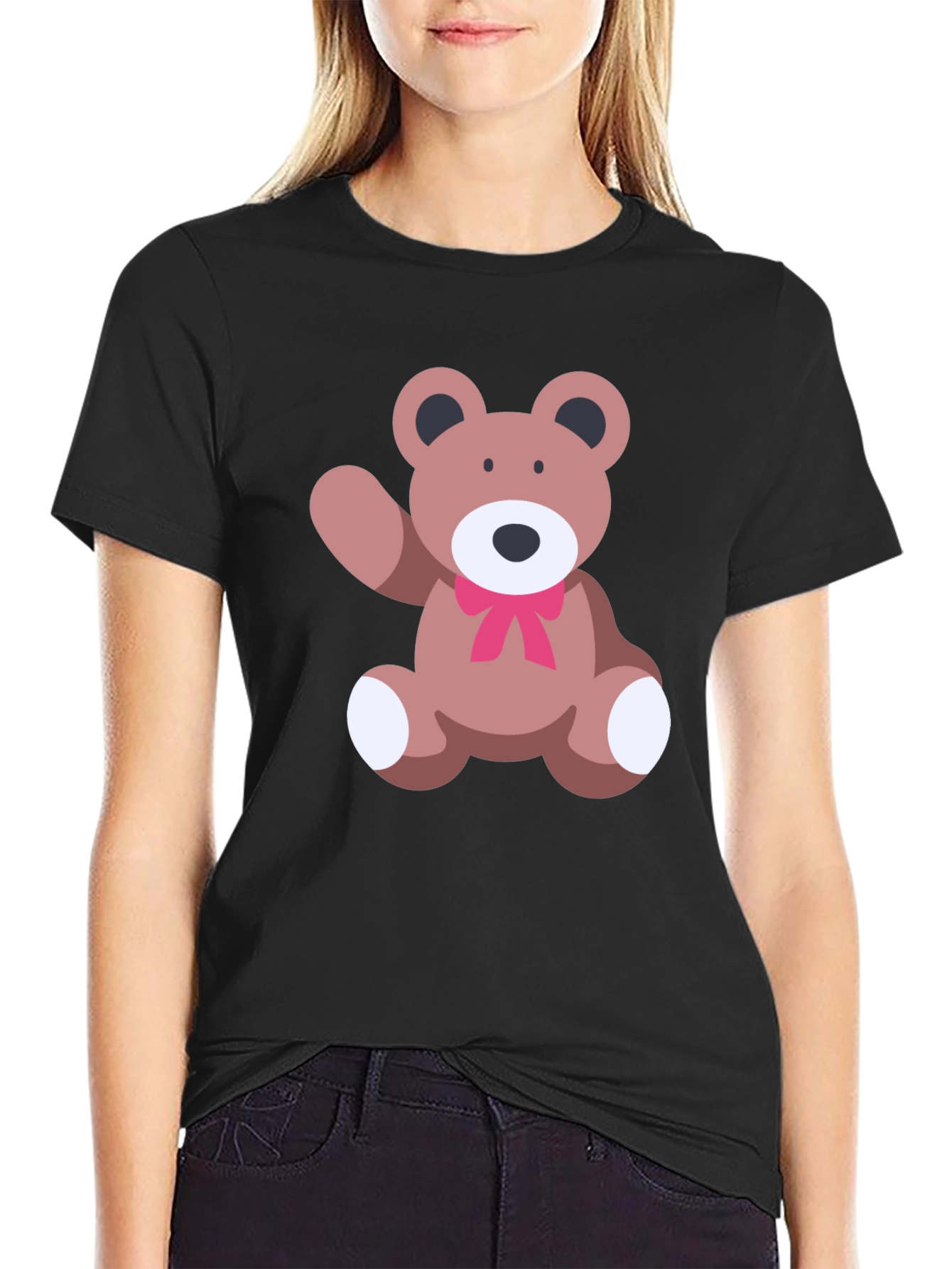 Black Cute Teddy Bear Graphic Black T-Shirt view 2