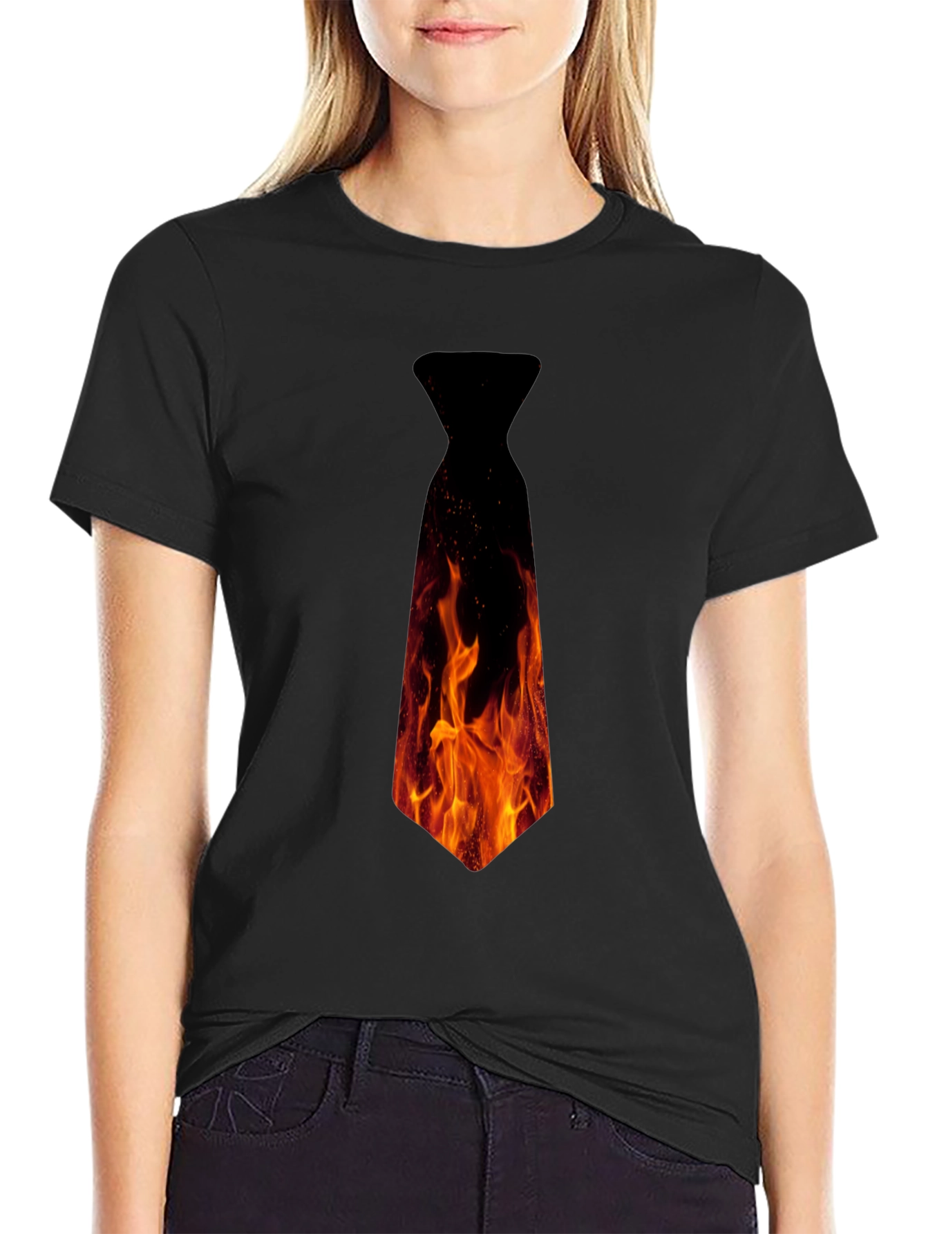 Black Fiery Necktie Graphic Tee - Black Cotton T-Shirt view 2