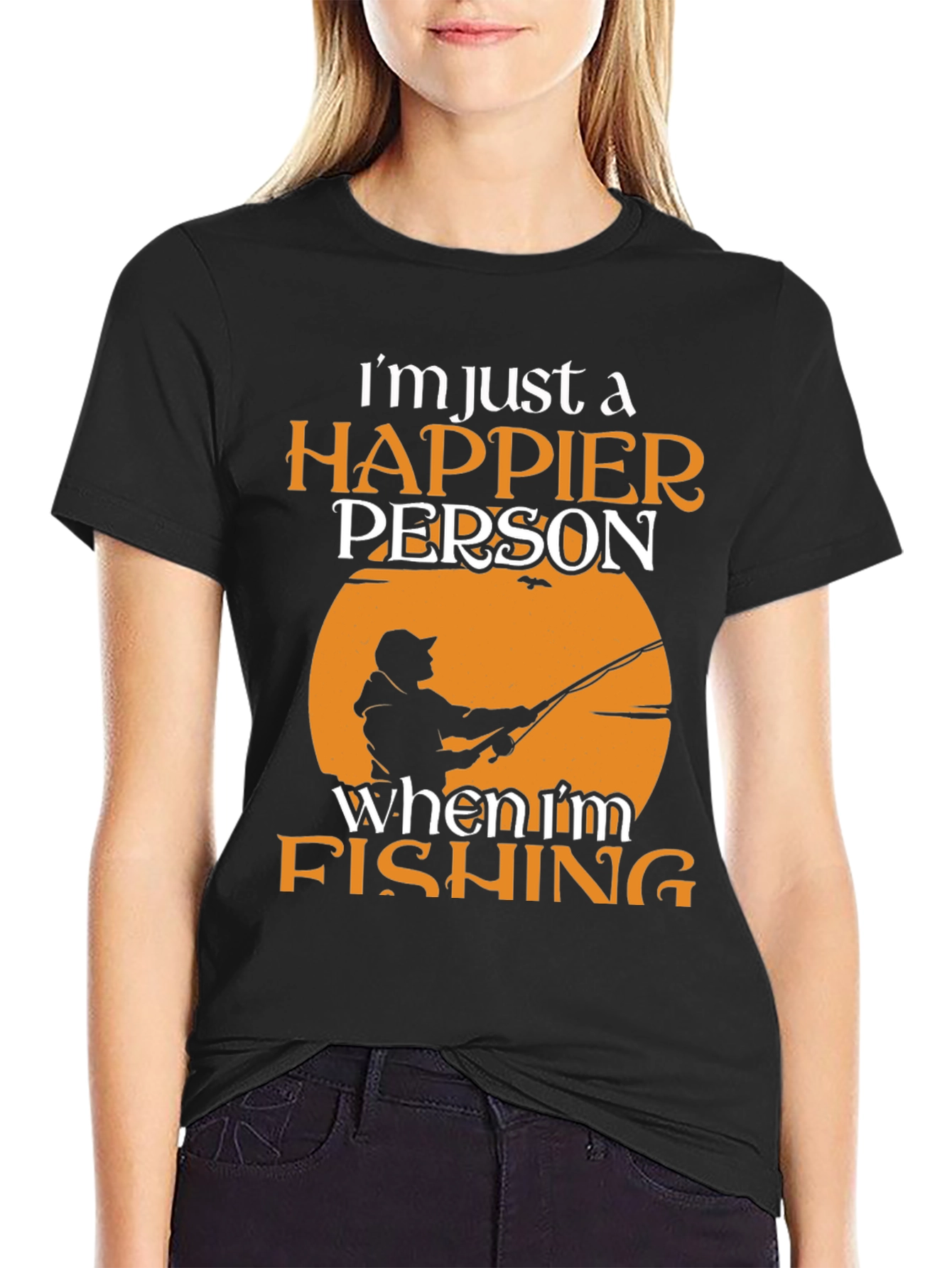 Black Happier Person Fishing Graphic Tee - Soft Cotton Blend view 2