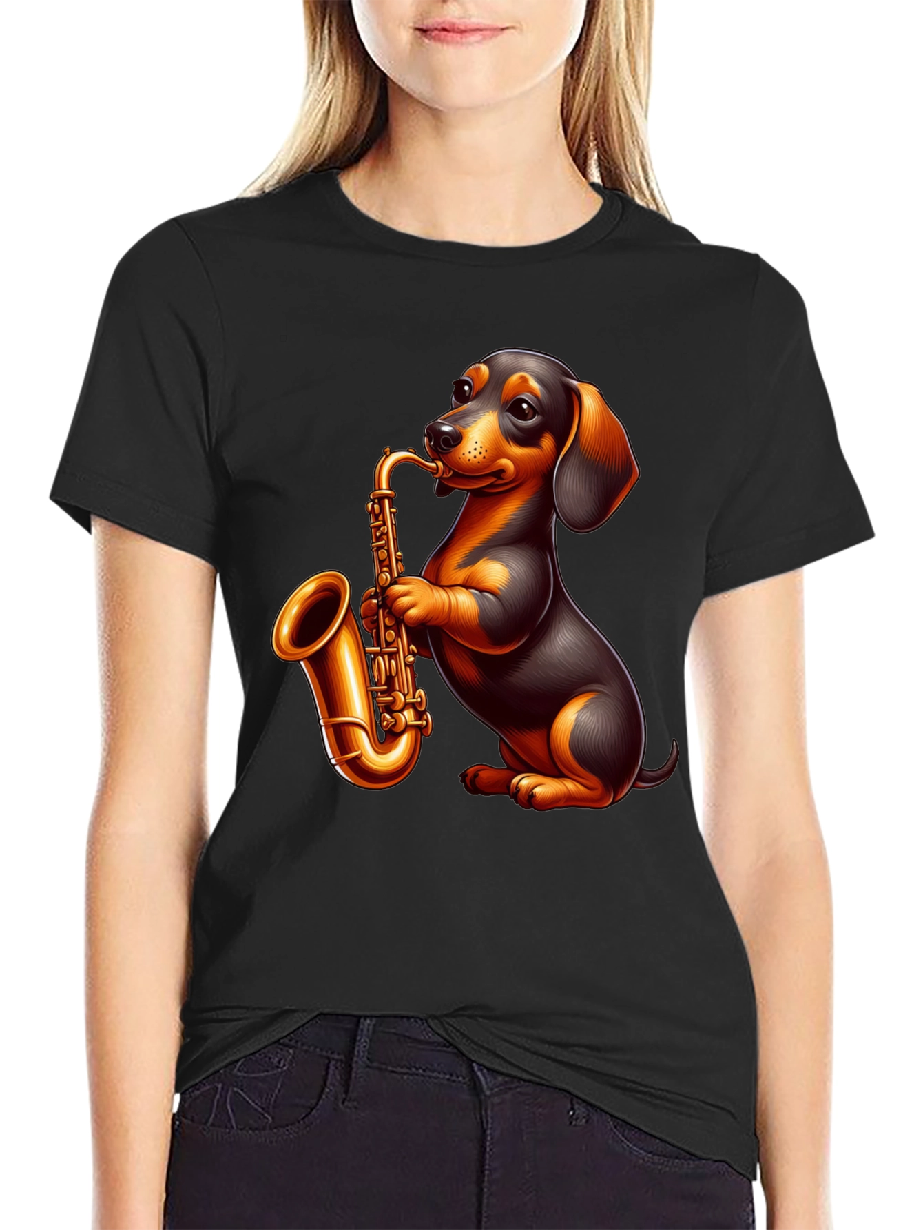 Black Dachshund Saxophone Graphic T-Shirt view 2