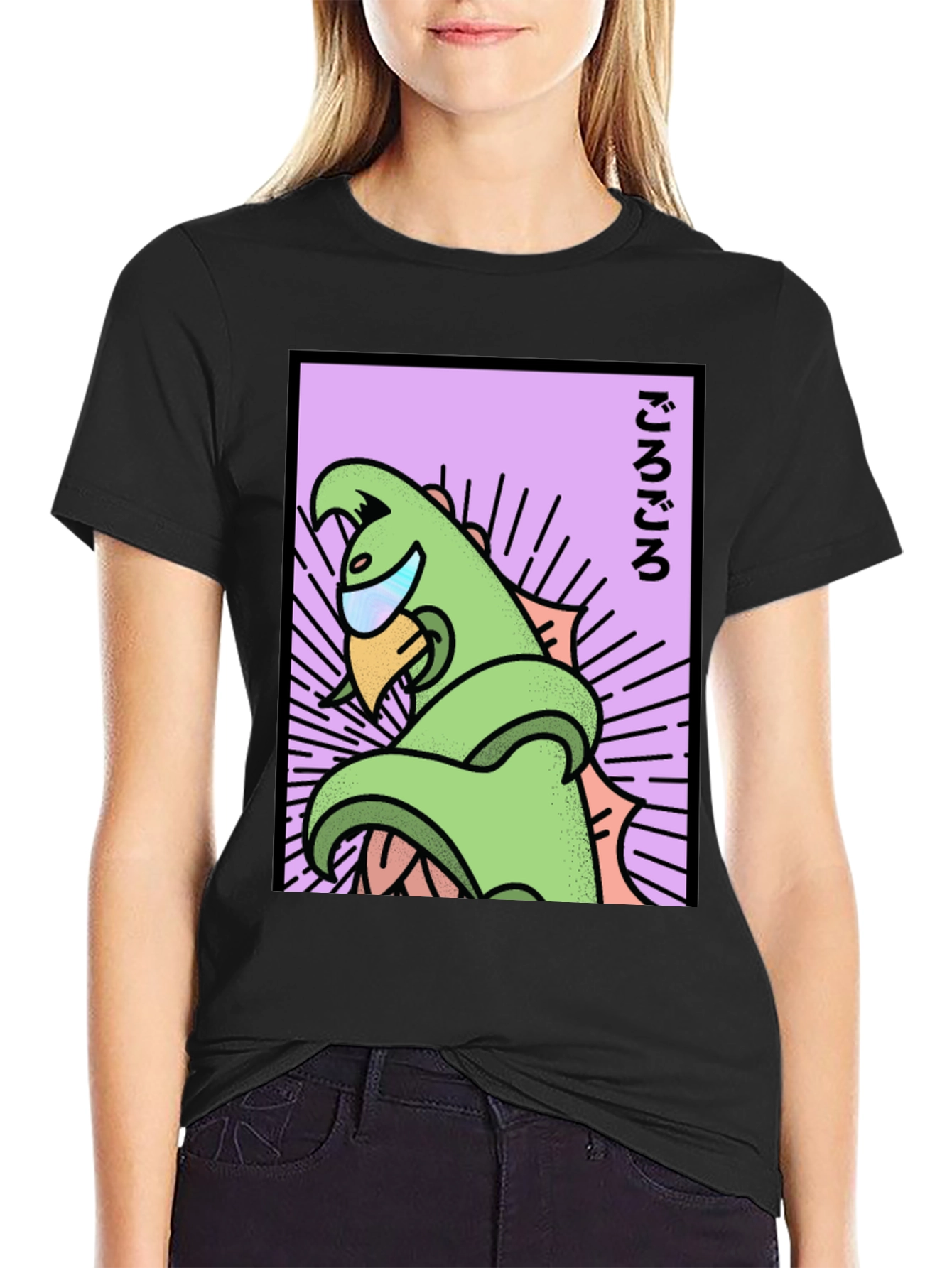 Black Retro Japanese Dino T-Shirt - Black view 2