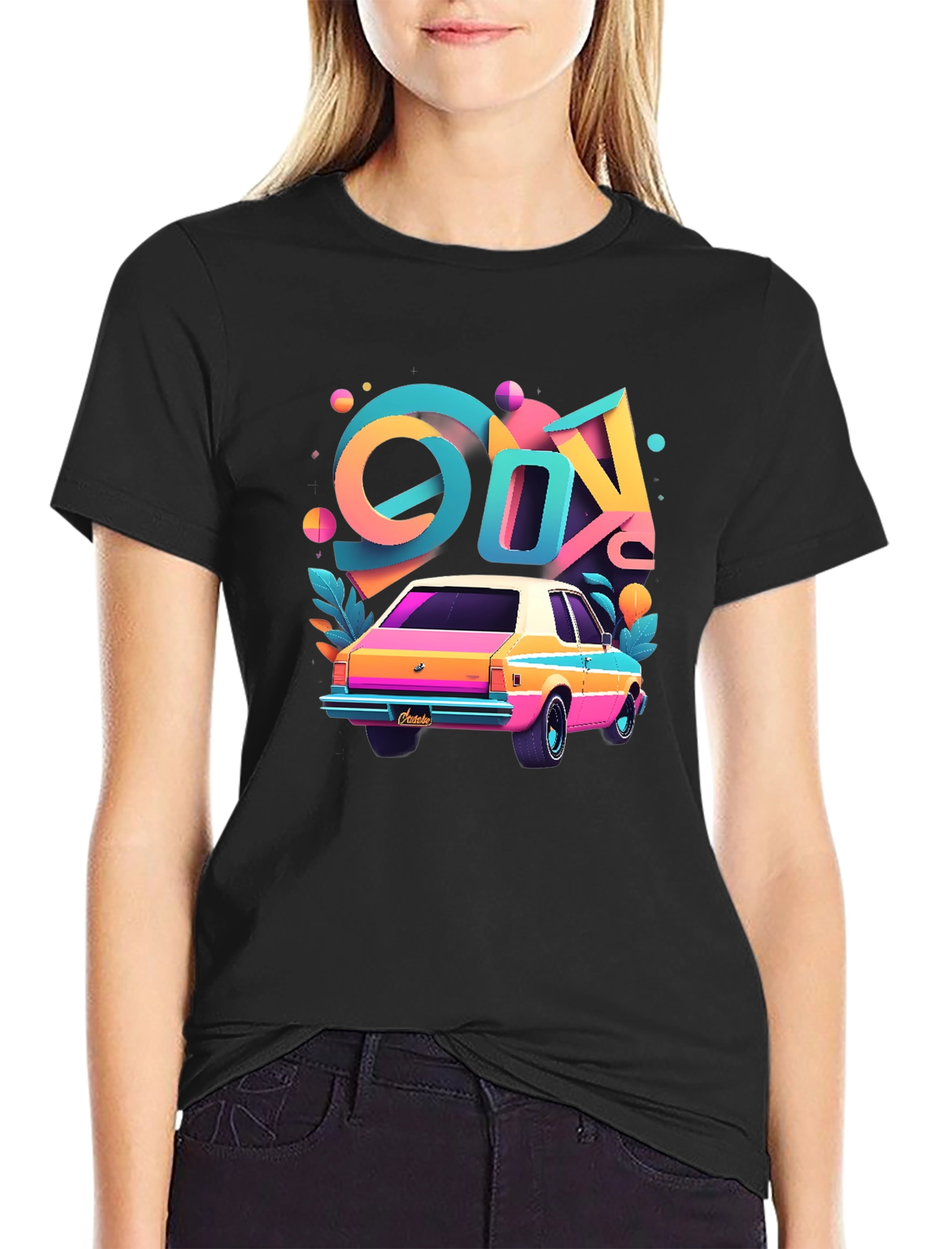 Black Retro 80s Car T-Shirt - Colorful Design view 2