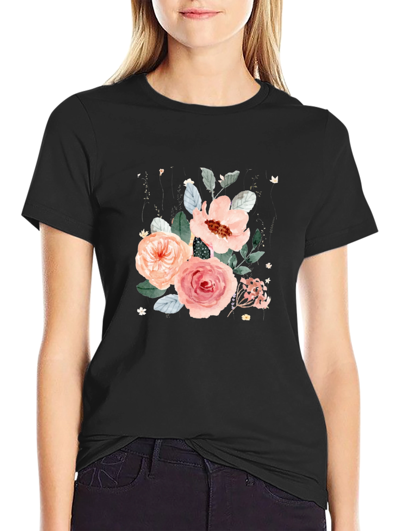 Black Floral Bouquet Black T-Shirt view 2