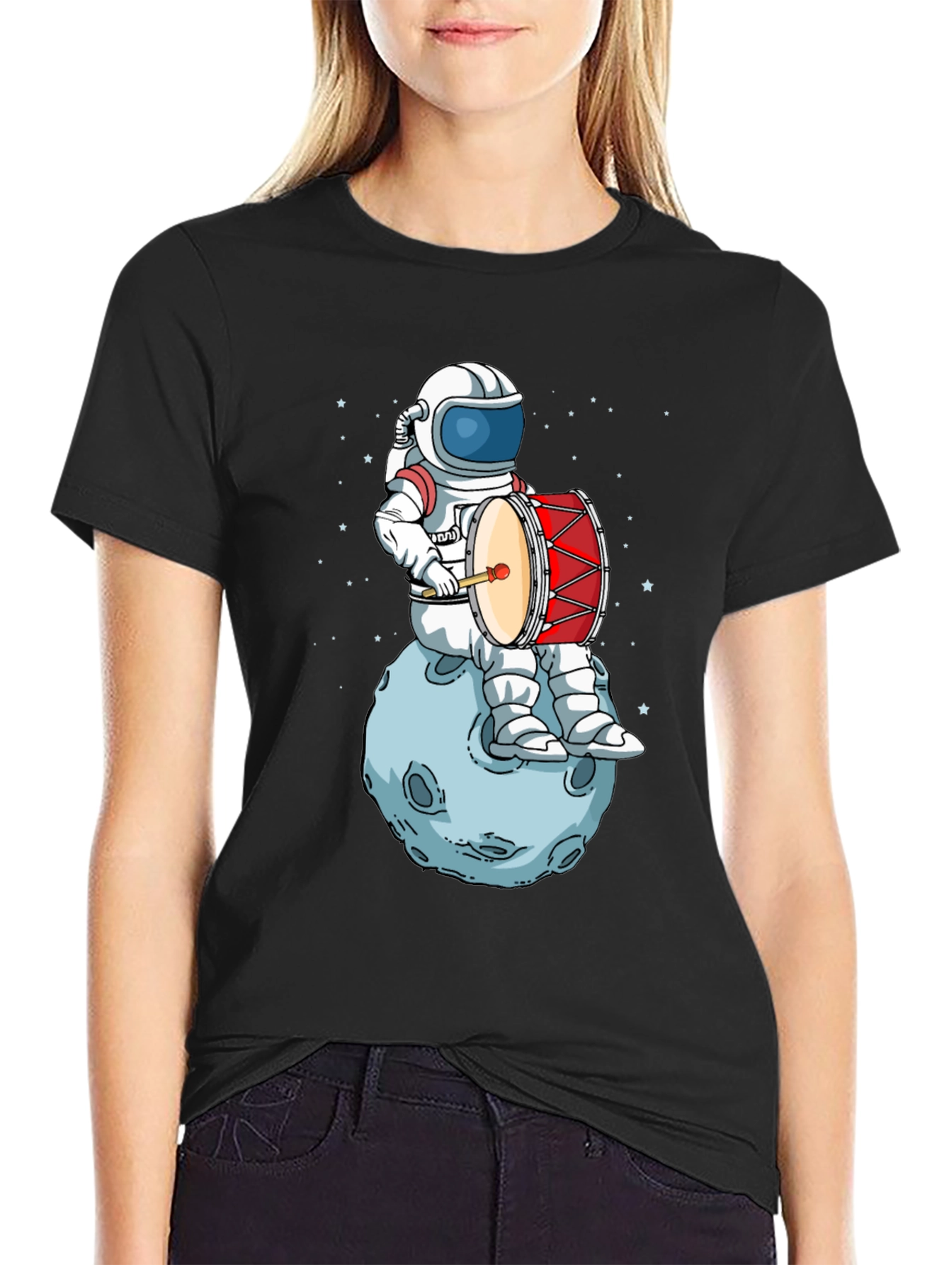 Black Astronaut Drummer T-Shirt - Space Music Tee view 2