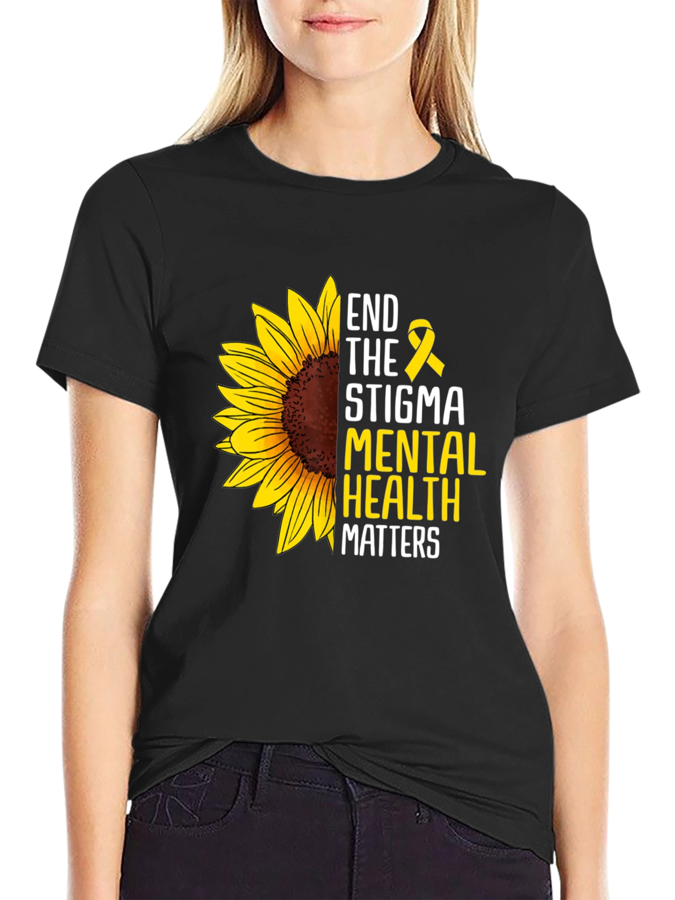 Black End the Stigma Mental Health Matters Sunflower T-Shirt view 2
