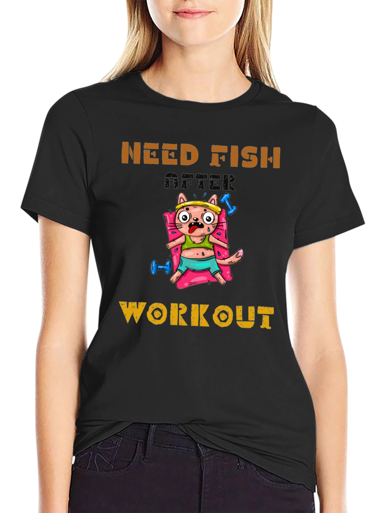 Black Need Fish After Workout Cat Graphic Tee view 2