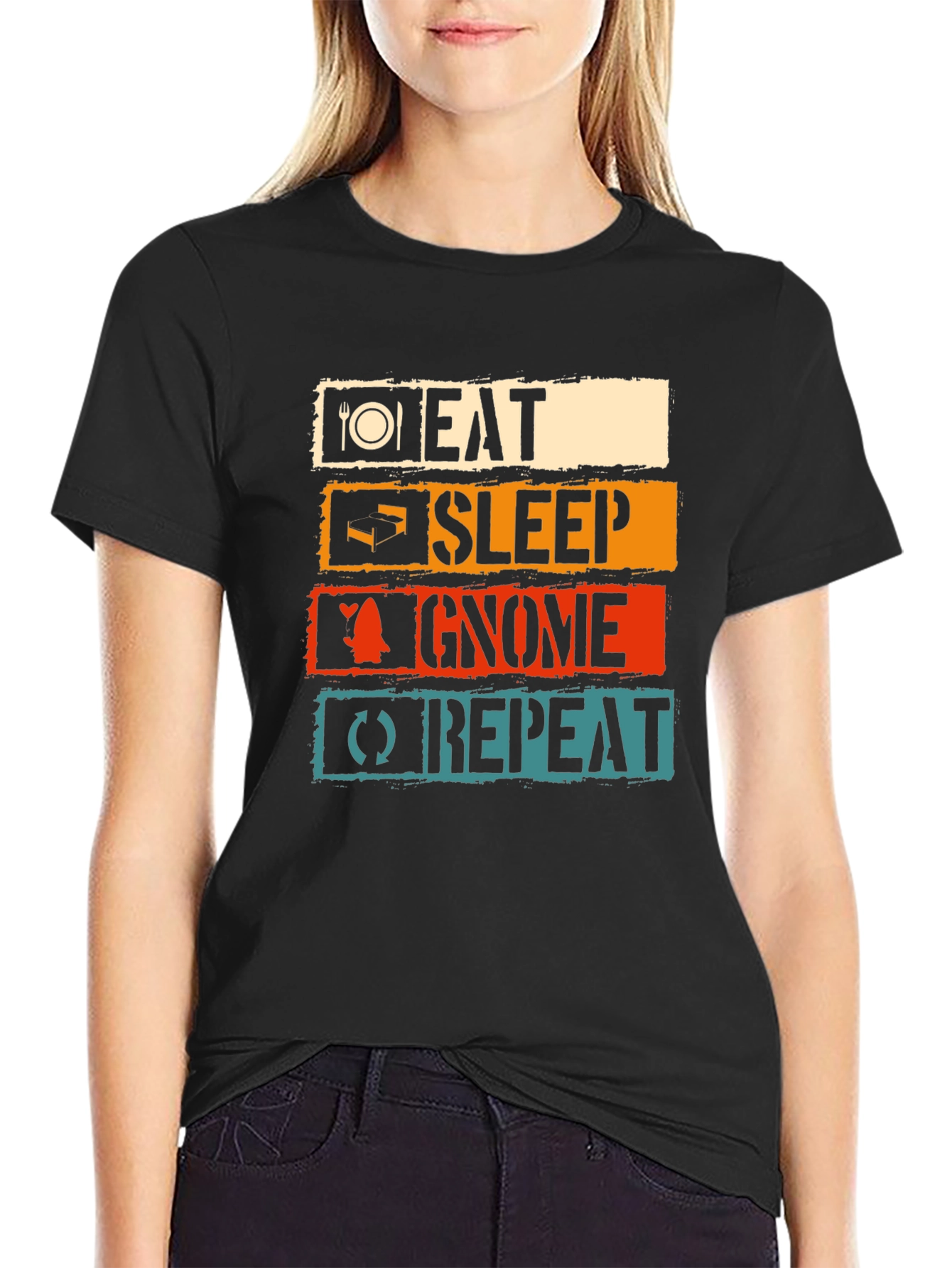 Black Eat Sleep Gnome Repeat Black T-Shirt view 2