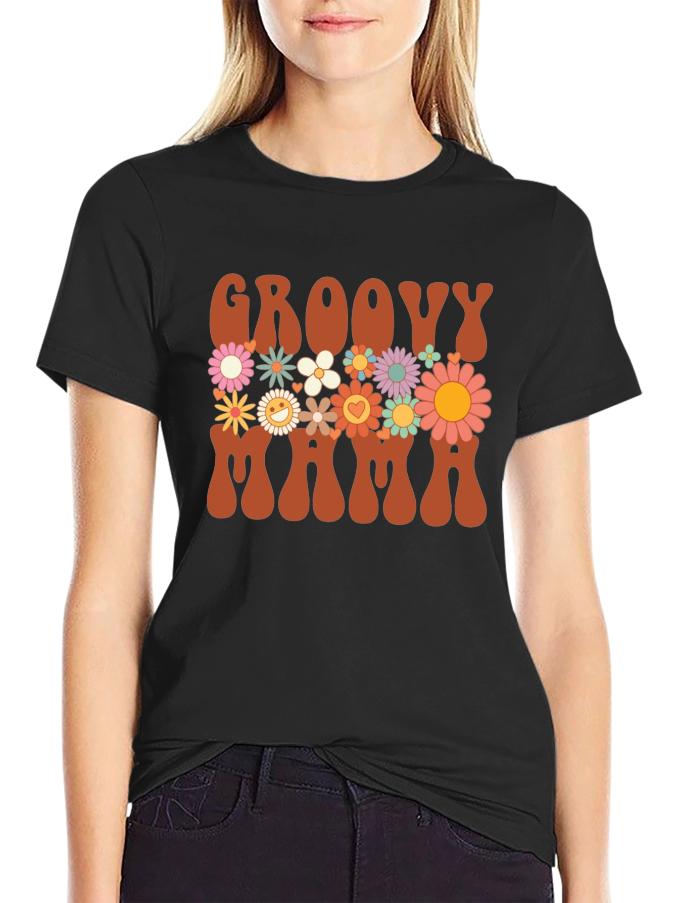 Black Groovy Mama Graphic Tee - Retro Floral Design view 2