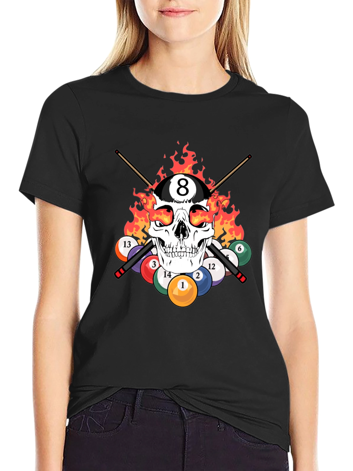 Black Skull 8 Ball Flames T-Shirt - Billiards Graphic Tee view 2