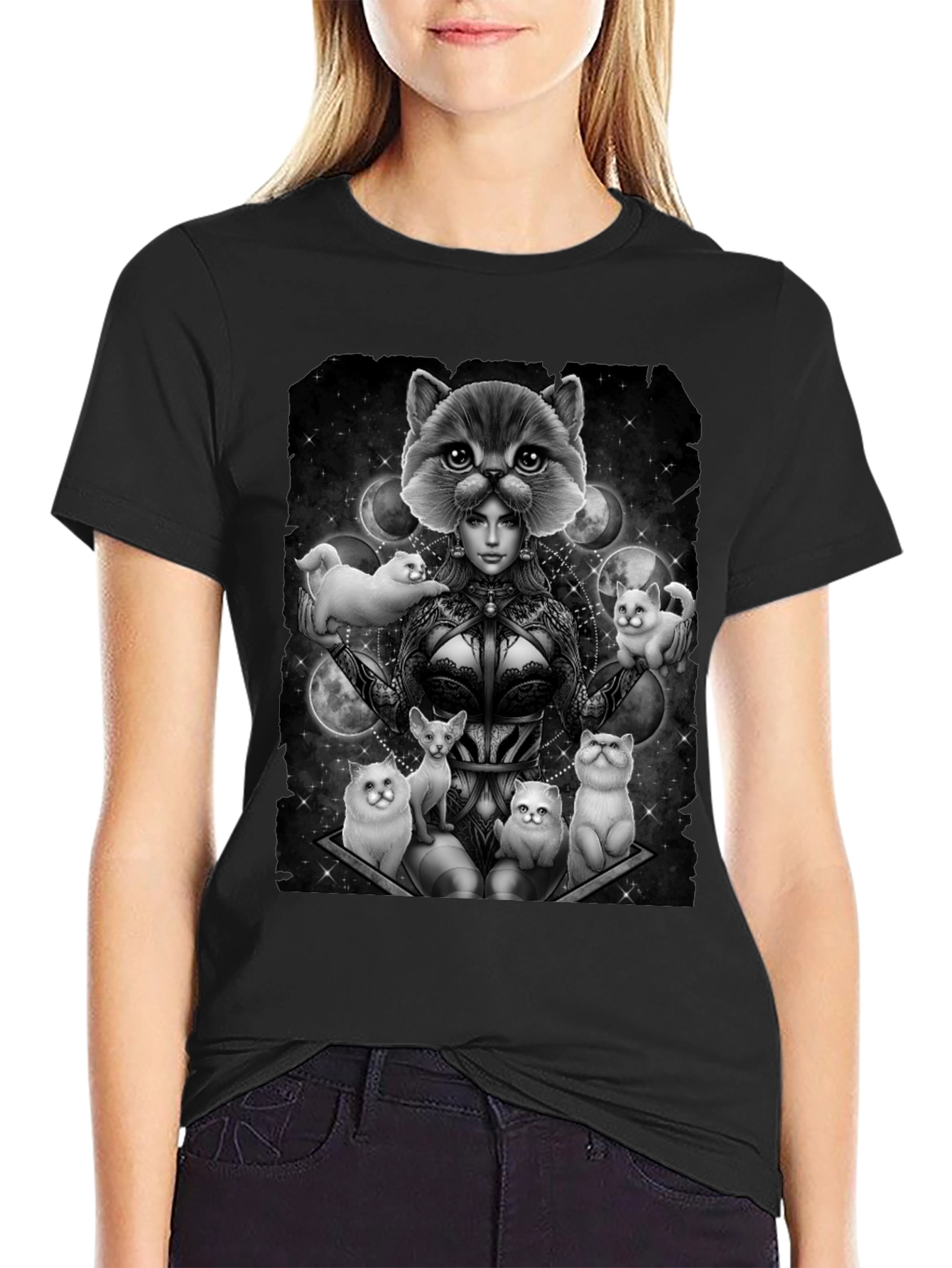 Black Mystic Cat Lady T-Shirt - Unique Graphic Tee view 2