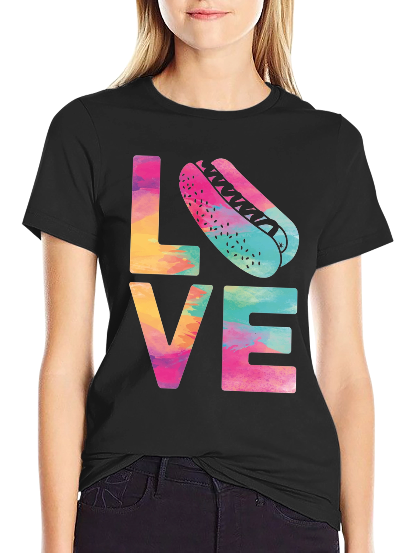 Black Colorful Love Hotdog T-Shirt - Fun & Casual Tee view 2