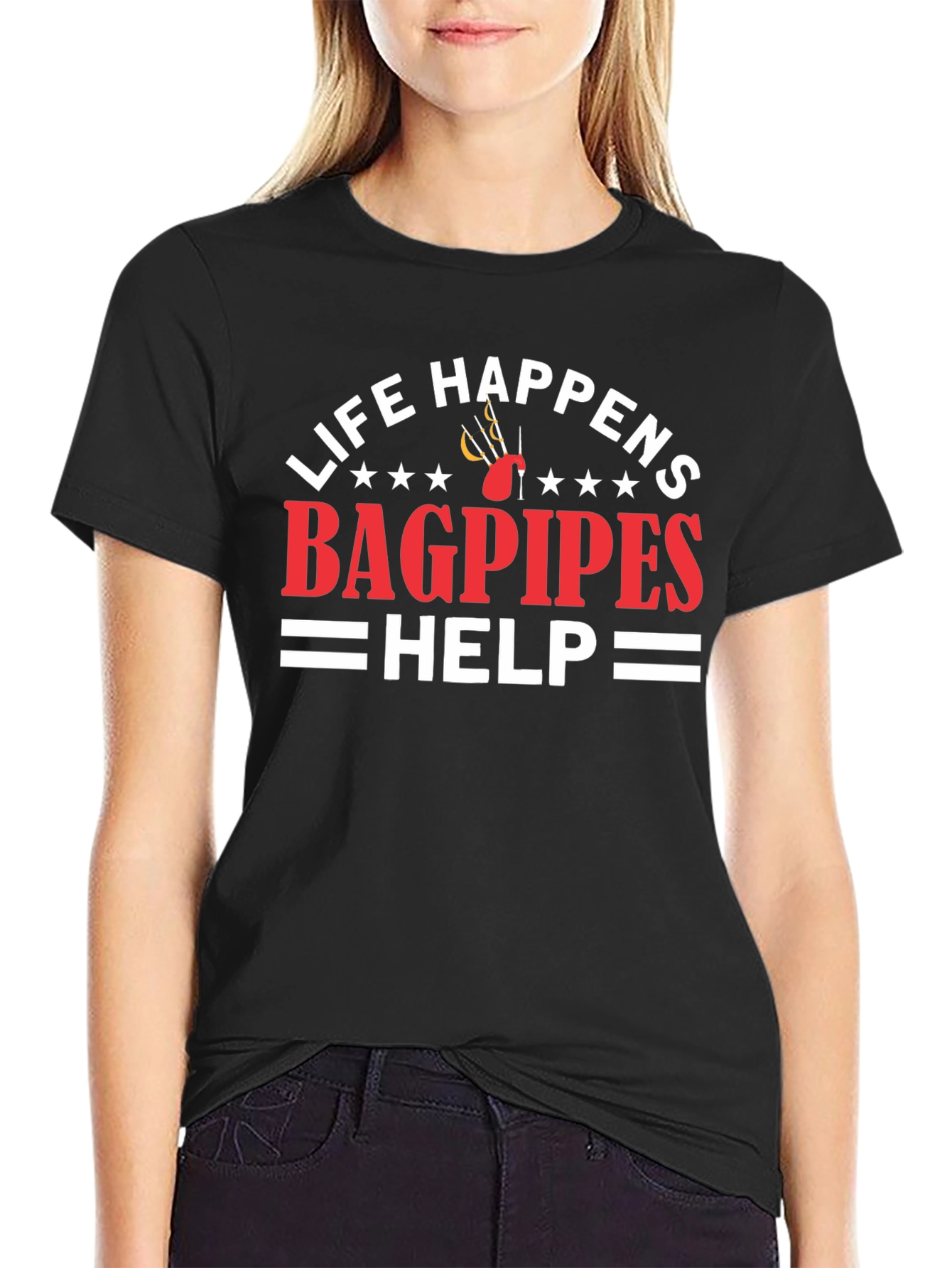 Black Life Happens Bagpipes Help T-Shirt view 2