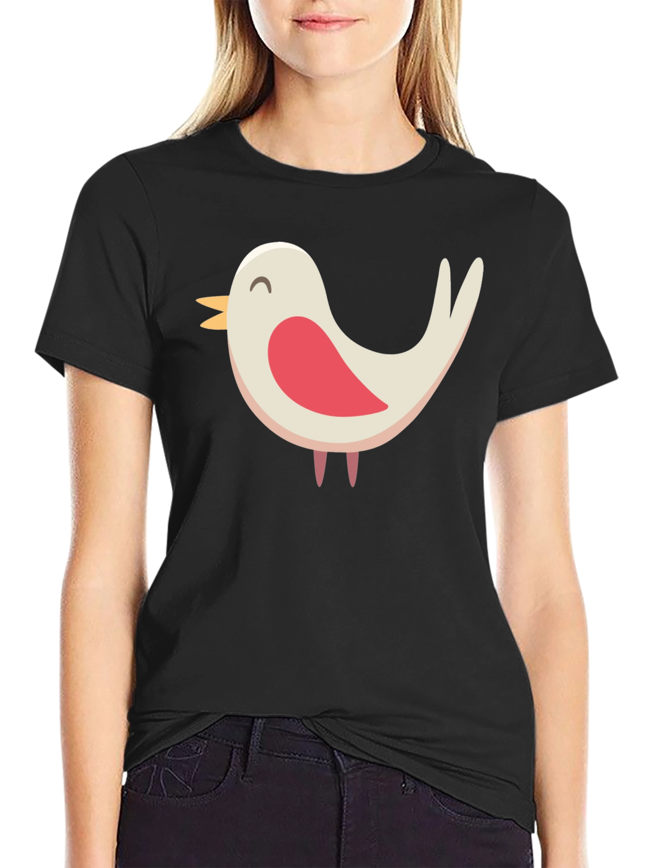 Black Cute Bird Graphic Tee - Black Cotton Blend Shirt view 2