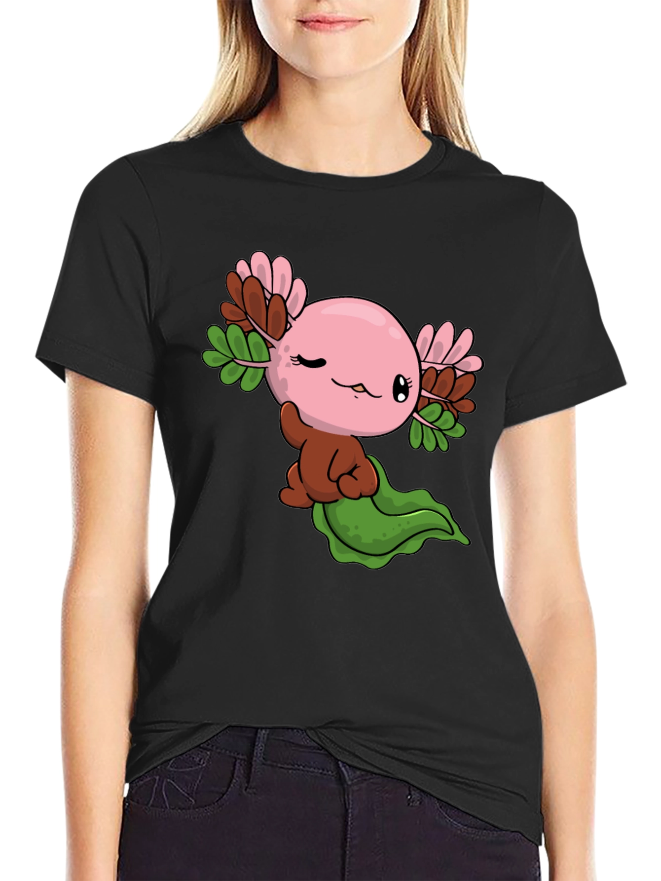 Black Cute Axolotl Cartoon Black T-Shirt view 2