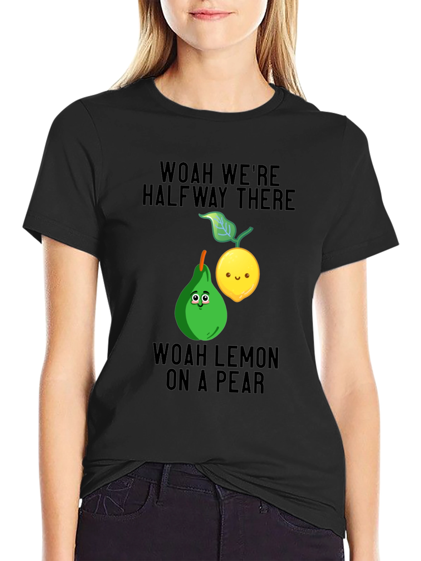 Black Woah Lemon on a Pear Graphic T-Shirt view 2
