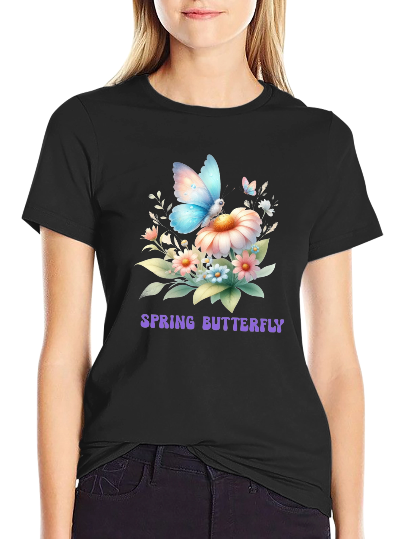 Black Spring Butterfly Graphic T-Shirt view 2