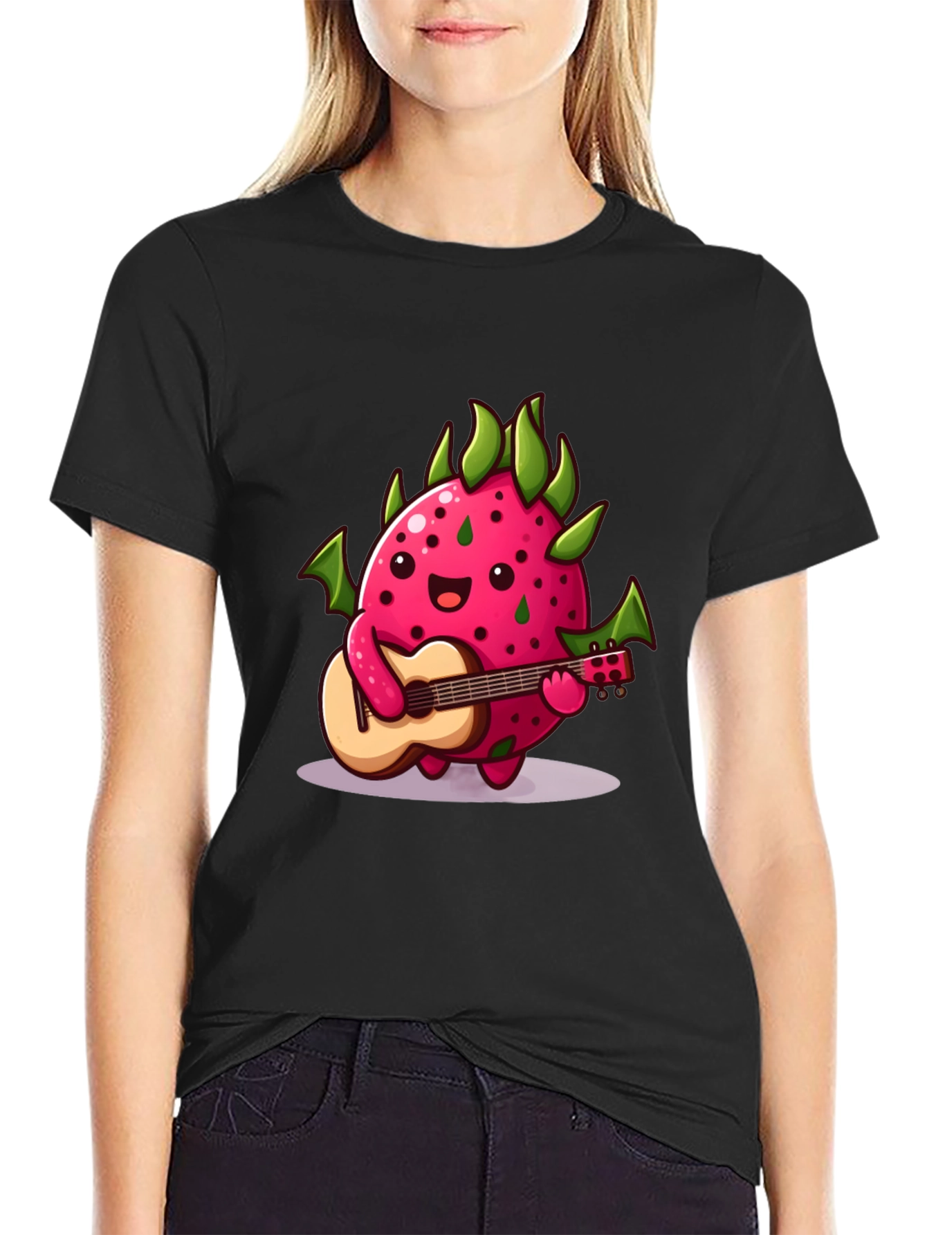Black Cartoon Dragon Fruit Playing Guitar Black T-Shirt view 2