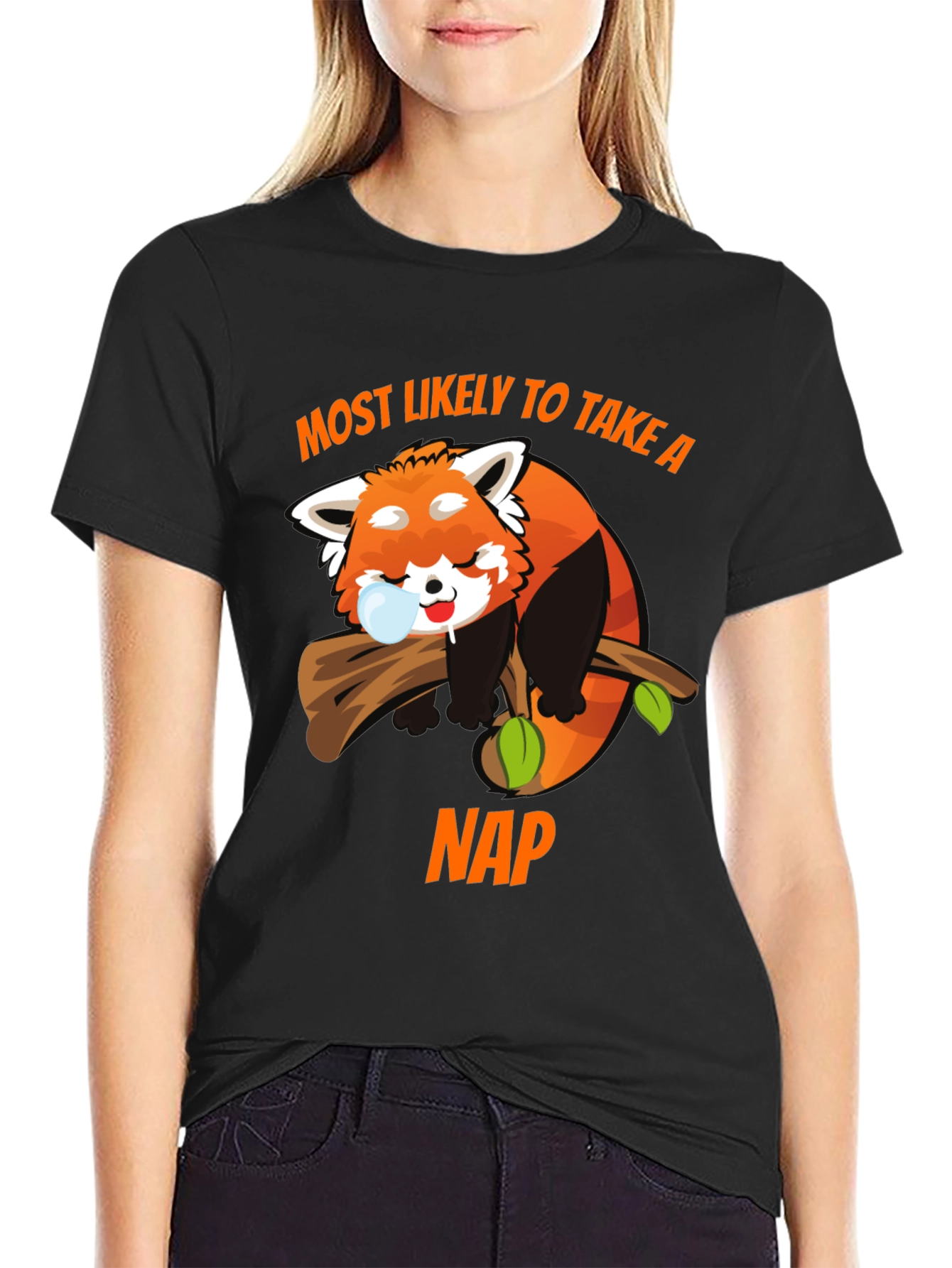 Black Funny Red Panda Nap T-Shirt view 2