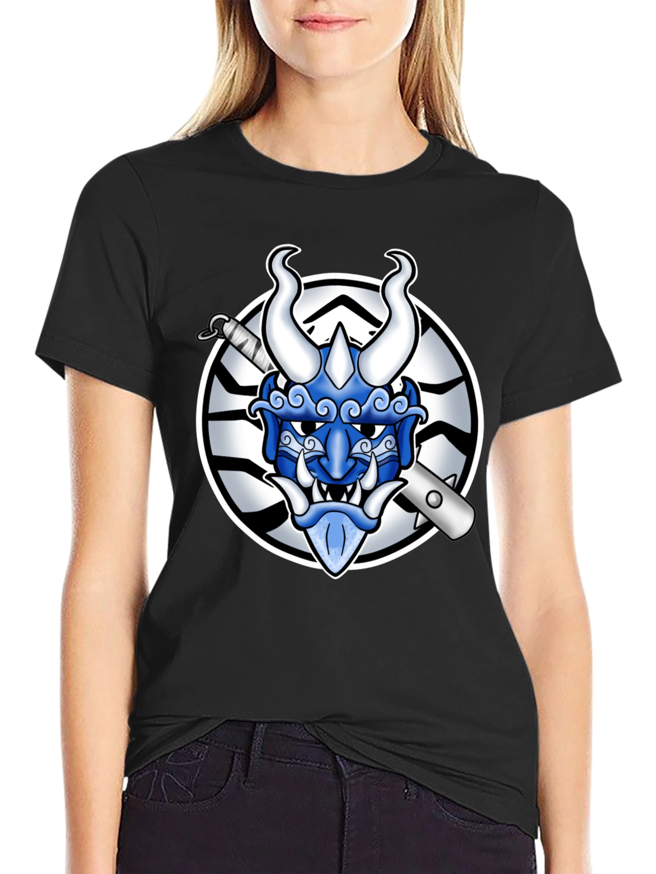 Black Black T-Shirt with Oni Mask Graphic view 2