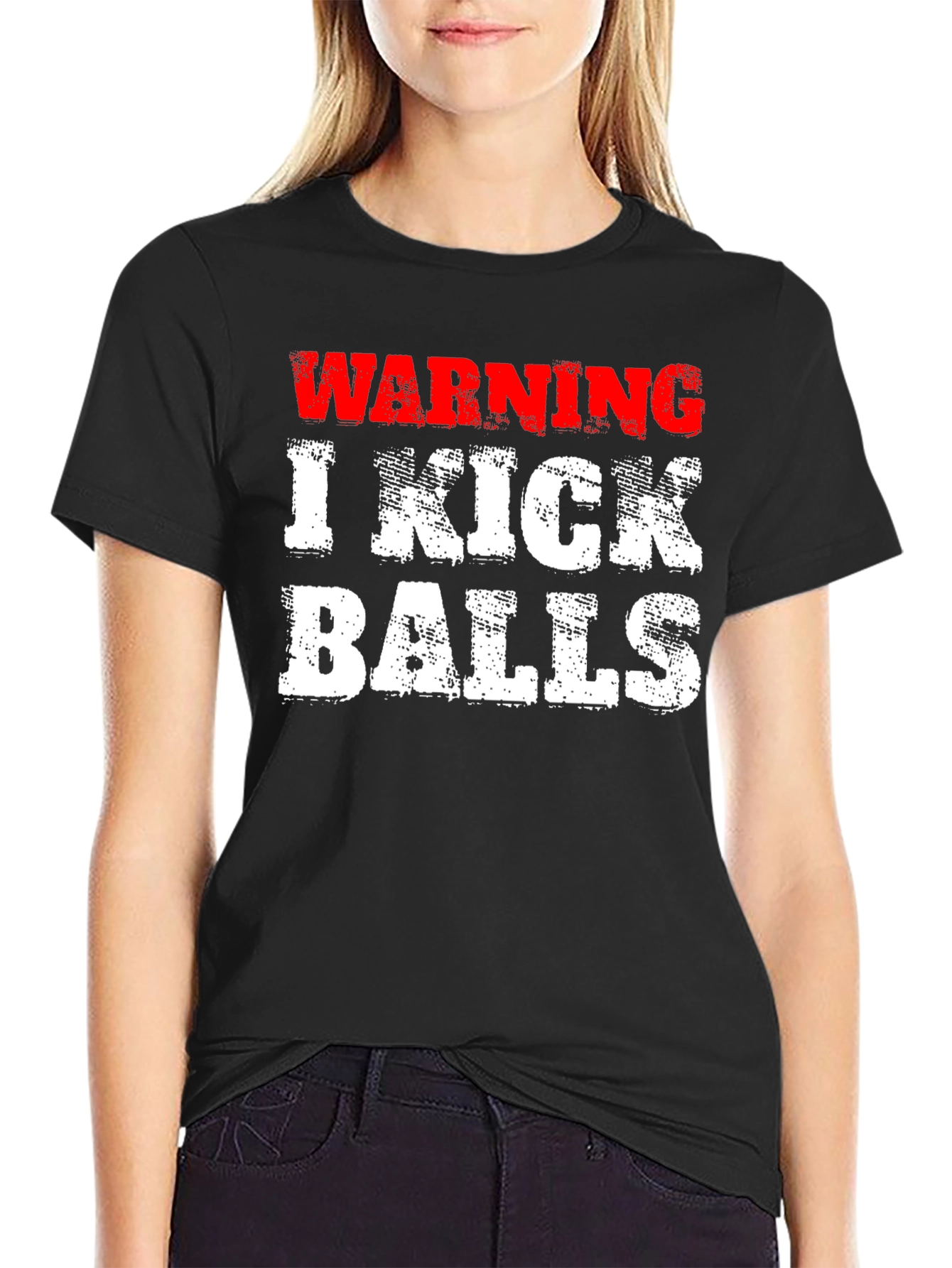Black Warning: I Kick Balls Funny T-Shirt view 2