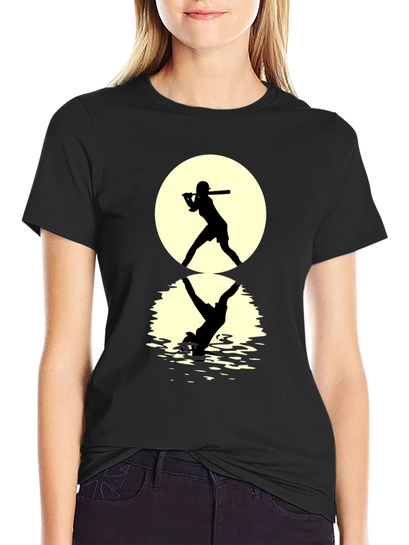 Black Baseball Silhouette T-Shirt: Moonlit Reflection Tee view 2