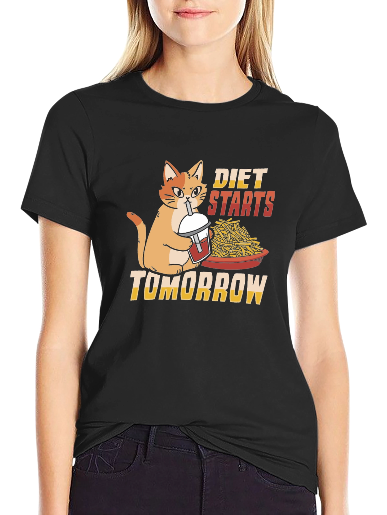 Black Diet Starts Tomorrow Funny Cat T-Shirt view 2
