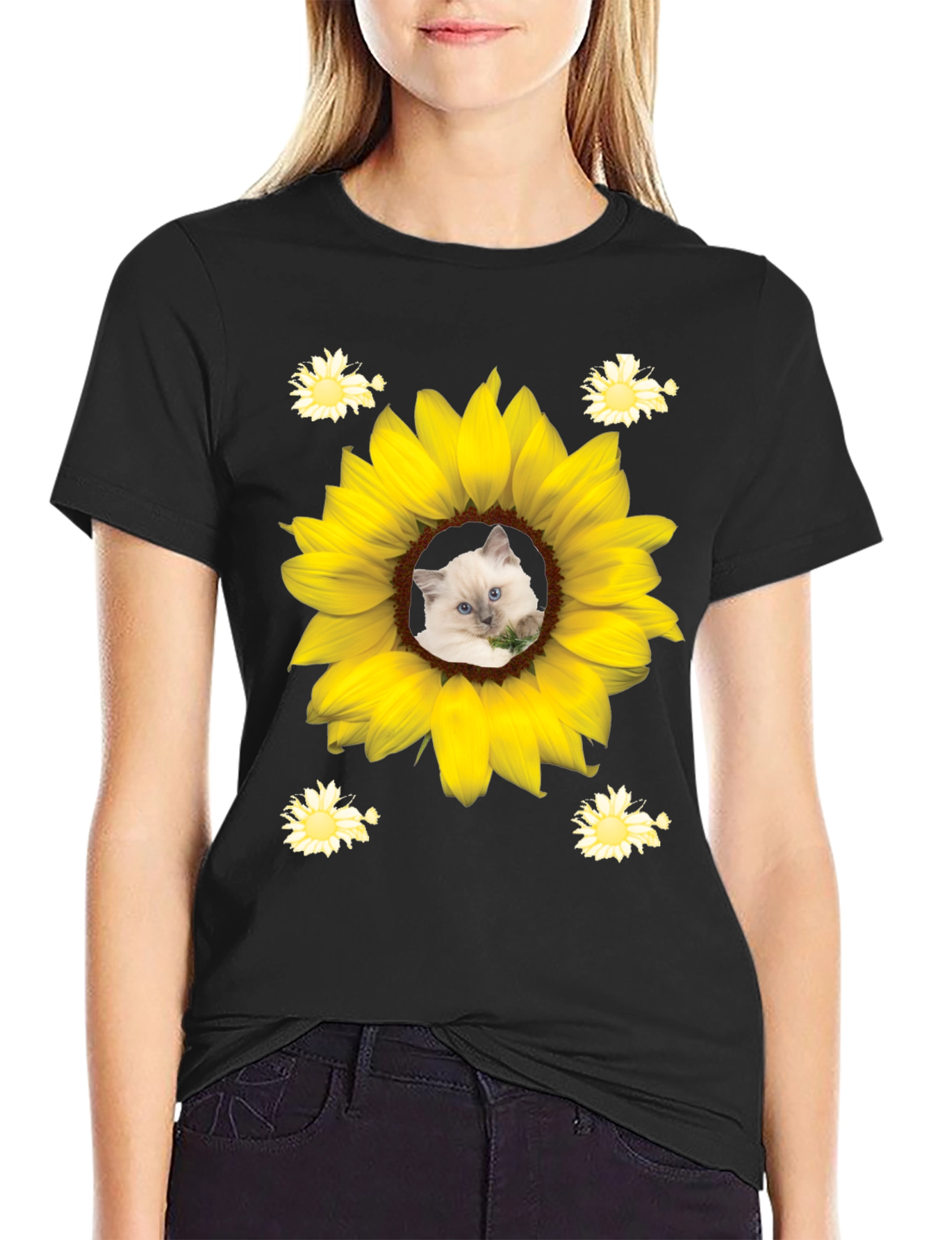 Black Sunflower Cat T-Shirt - Unique Graphic Tee view 2