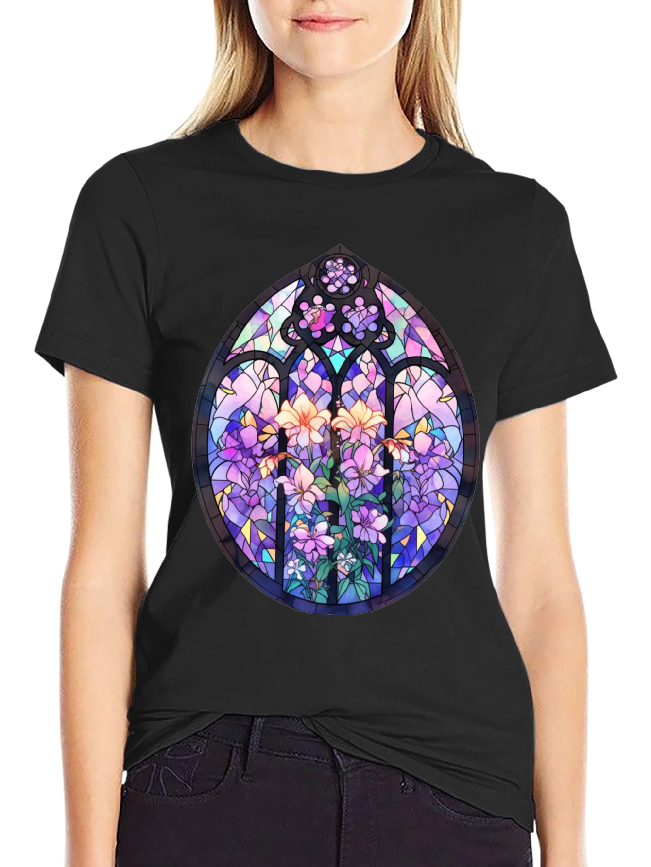 Black Stained Glass Floral T-Shirt - Artistic Men's Tee view 2
