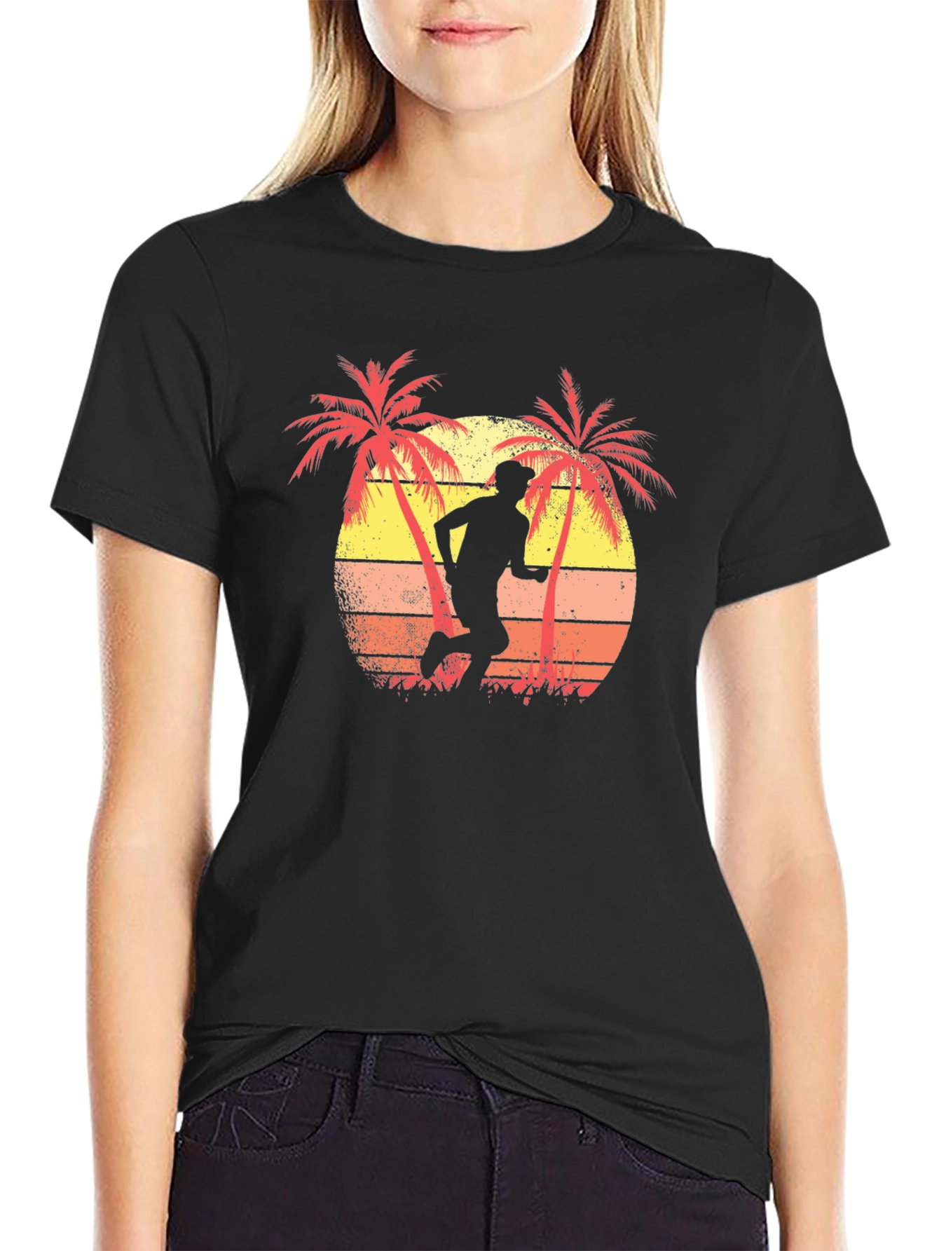Black Retro Runner T-Shirt - Palm Tree Sunset Design view 2