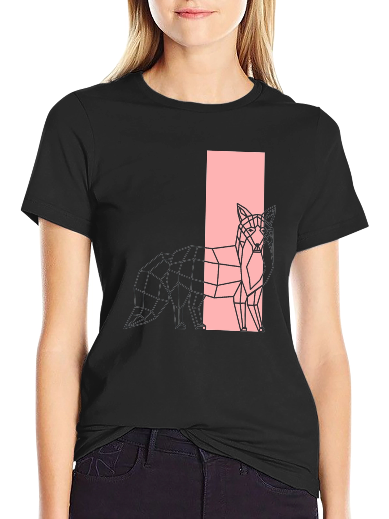 Black Geometric Fox Graphic Black T-Shirt view 2