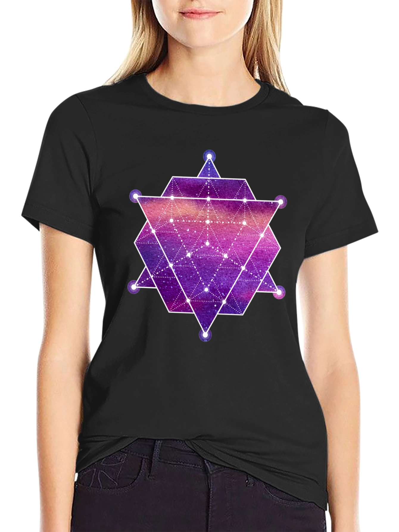 Black Geometric Galaxy Print Black T-Shirt view 2