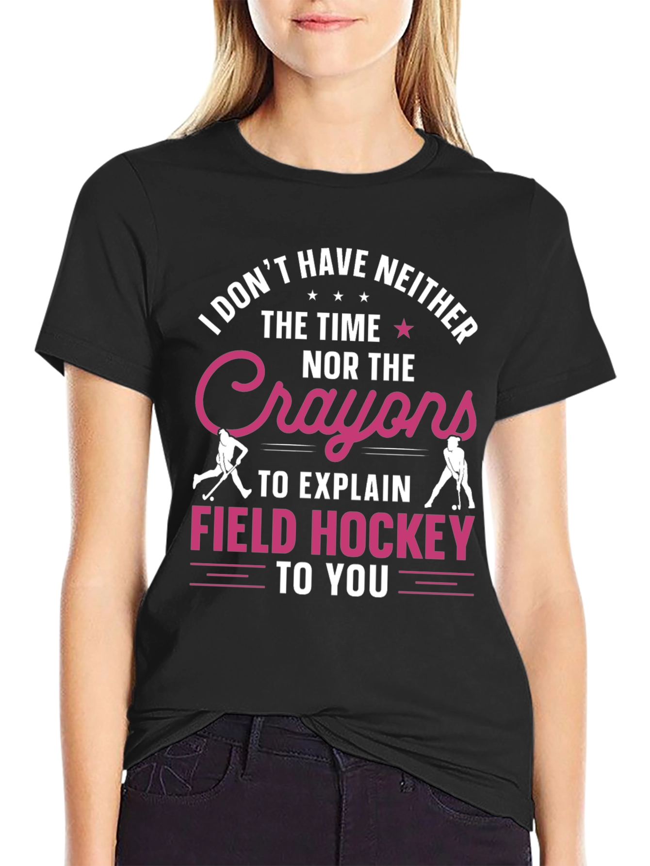 Black Funny Field Hockey T-Shirt - No Time, No Crayons view 2