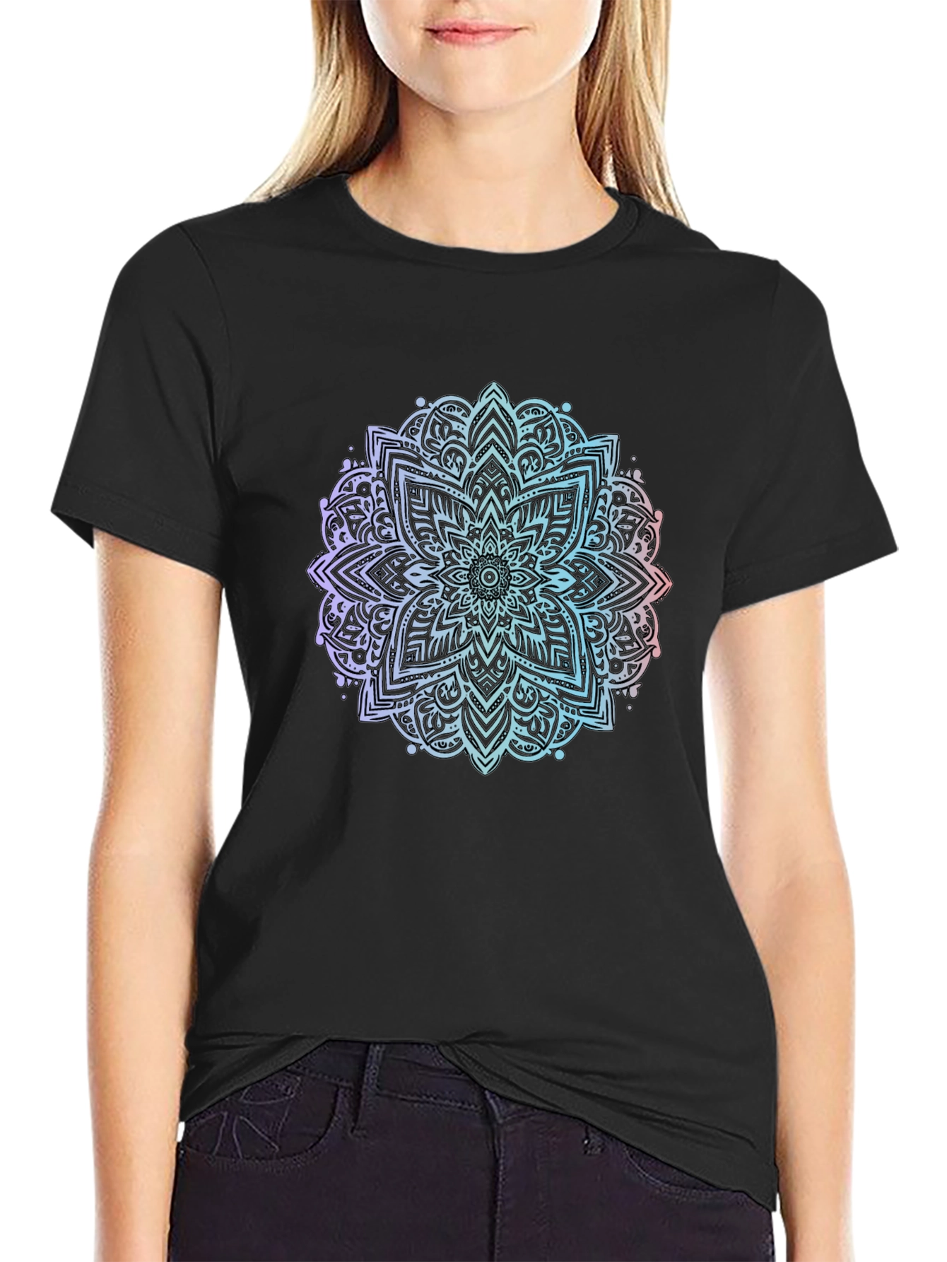 Black Mandala Print Black T-Shirt view 2