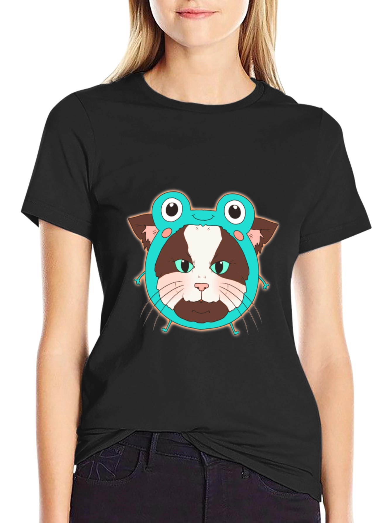 Black Funny Cat in Frog Hat Graphic Tee - Black view 2