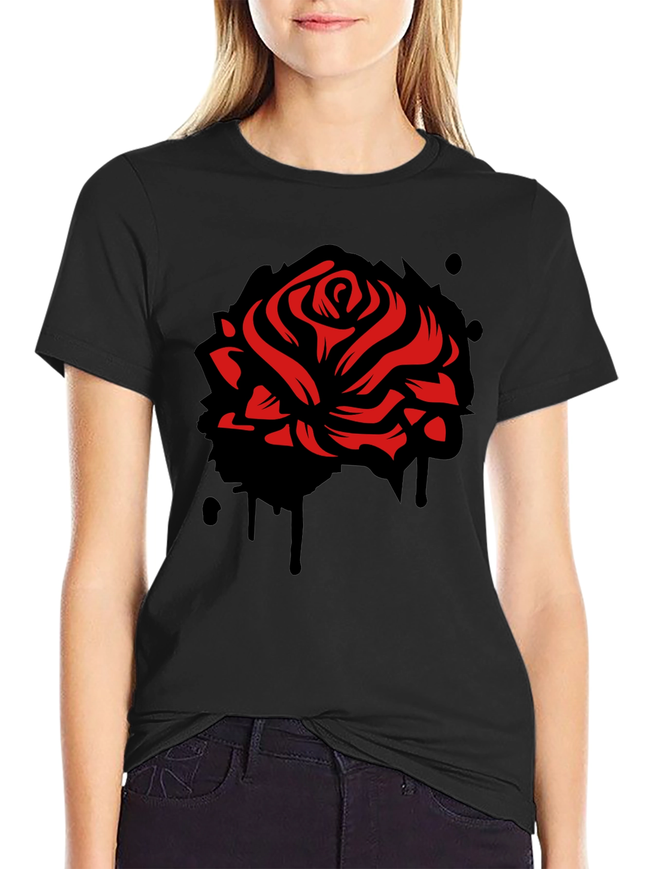 Black Red Rose Graphic Black T-Shirt view 2