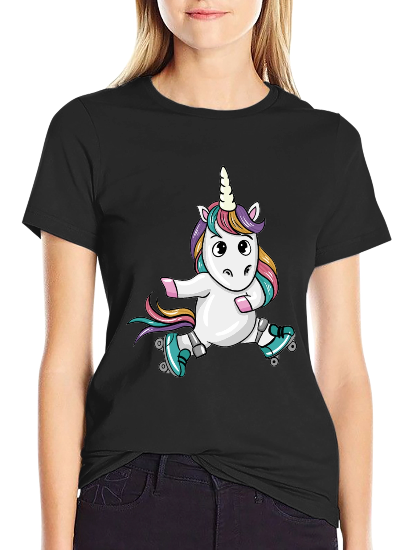 Black Unicorn Roller Skate Black T-Shirt view 2