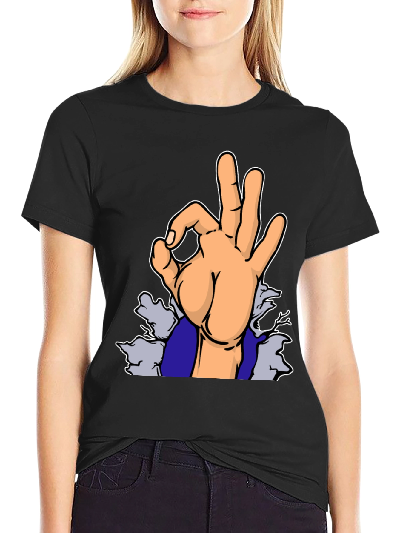 Black "OK" Hand Gesture Graphic T-Shirt view 2