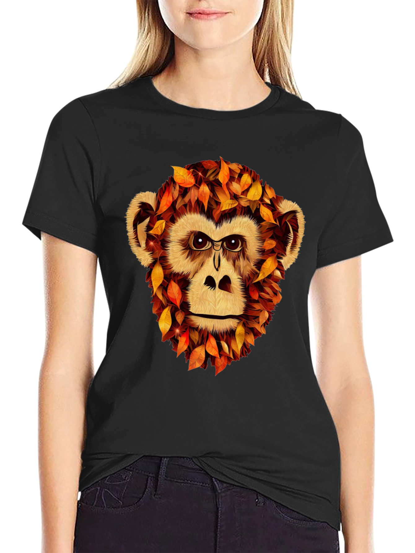 Black Autumn Monkey Graphic T-Shirt - Unique Fall Apparel view 2